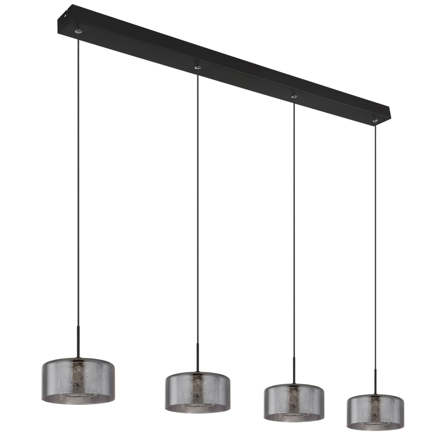 Na obrazie widoczna jest nowoczesna lampa wisząca z czterema szklanymi kloszami zawieszonymi na cienkich przewodach. Klosze mają cylindryczny kształt i są przymocowane do prostokątnej, czarnej listwy sufitowej.