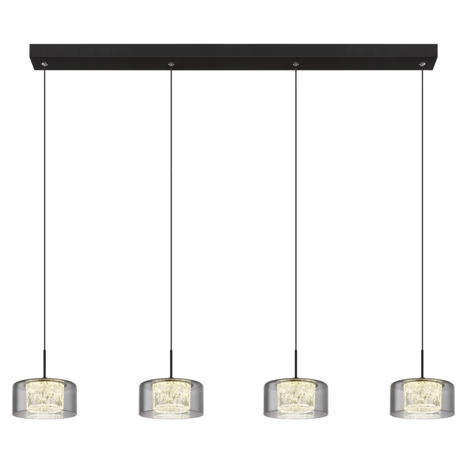 Na obrazie widoczna jest nowoczesna lampa sufitowa z czterema wiszącymi kloszami o cylindrycznym kształcie, zawieszonymi na cienkich przewodach. Klosze są przezroczyste z widocznym wewnętrznym elementem świetlnym.