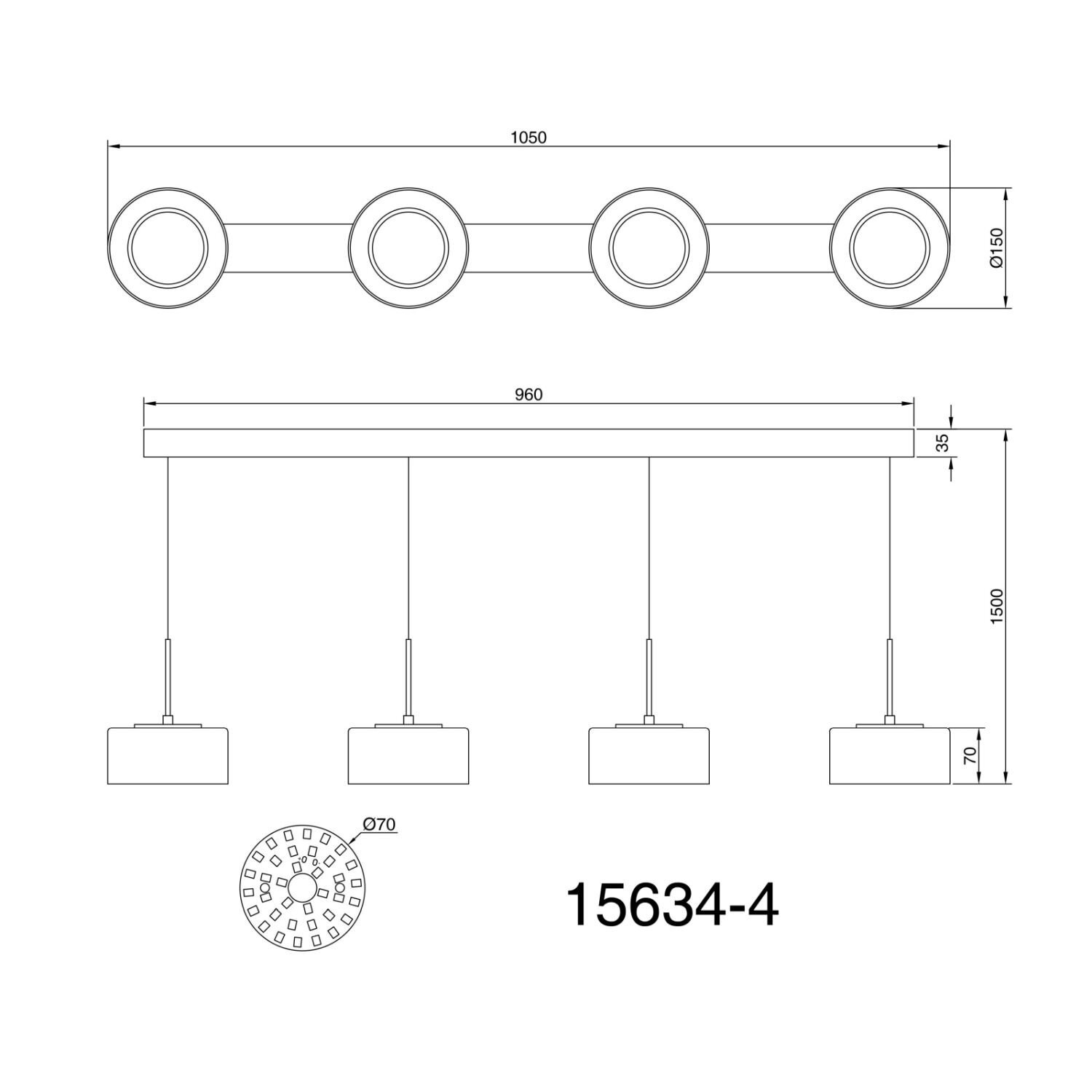 Schemat lampy wiszącej z czterema okrągłymi kloszami, z wymiarami: długość 1050 mm, średnica klosza 150 mm, wysokość zawieszenia 1500 mm. Widoczny numer modelu: 15634-4.