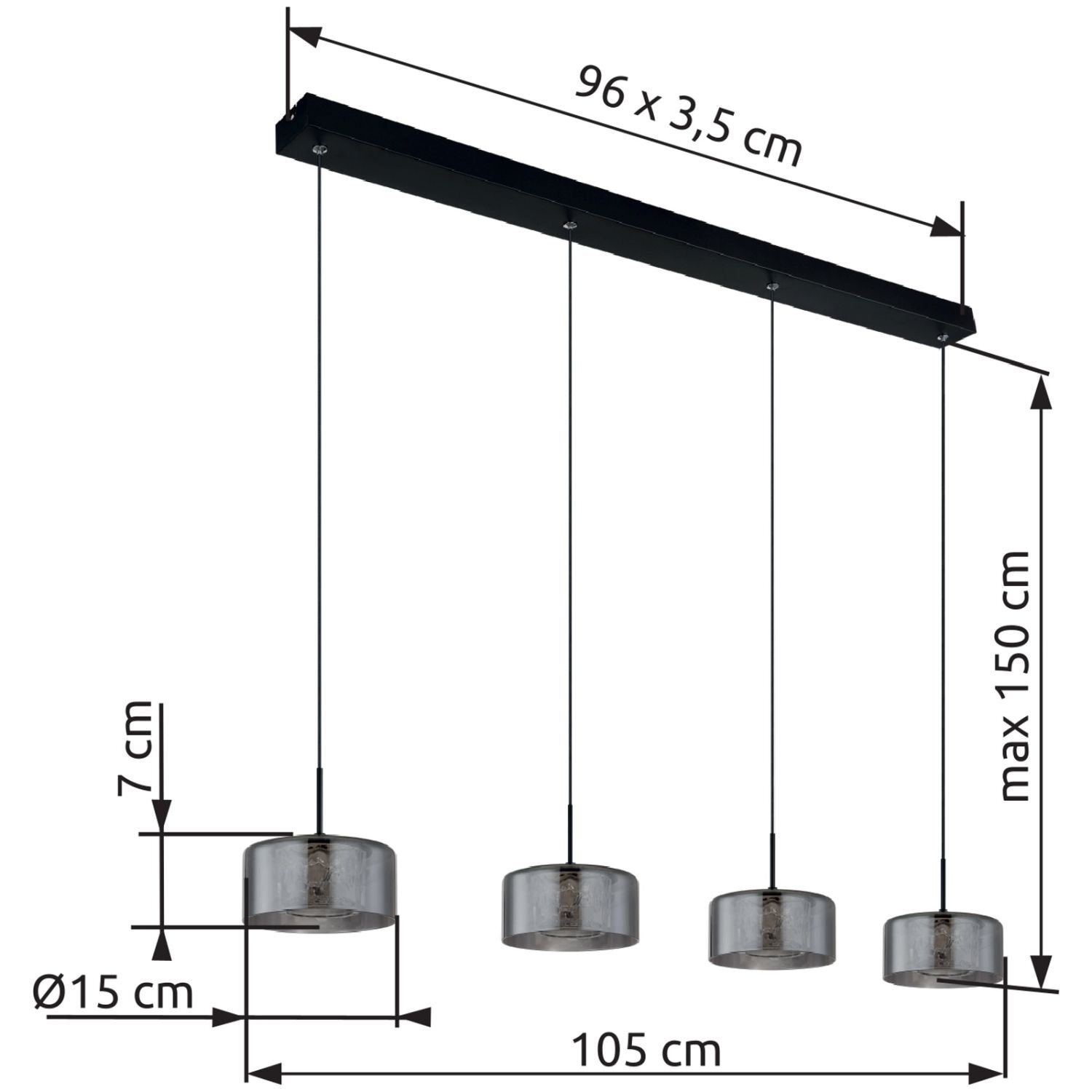 Obraz przedstawia nowoczesną lampę wiszącą z czterema kloszami o średnicy 15 cm, zawieszonymi na czarnym prostokątnym panelu o wymiarach 96 x 3,5 cm. Długość całkowita lampy wynosi maksymalnie 150 cm, a odległość między skrajnymi kloszami to 105 cm.