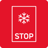 Czerwony kwadrat z białą ikoną płatka śniegu nad napisem \'STOP\'.