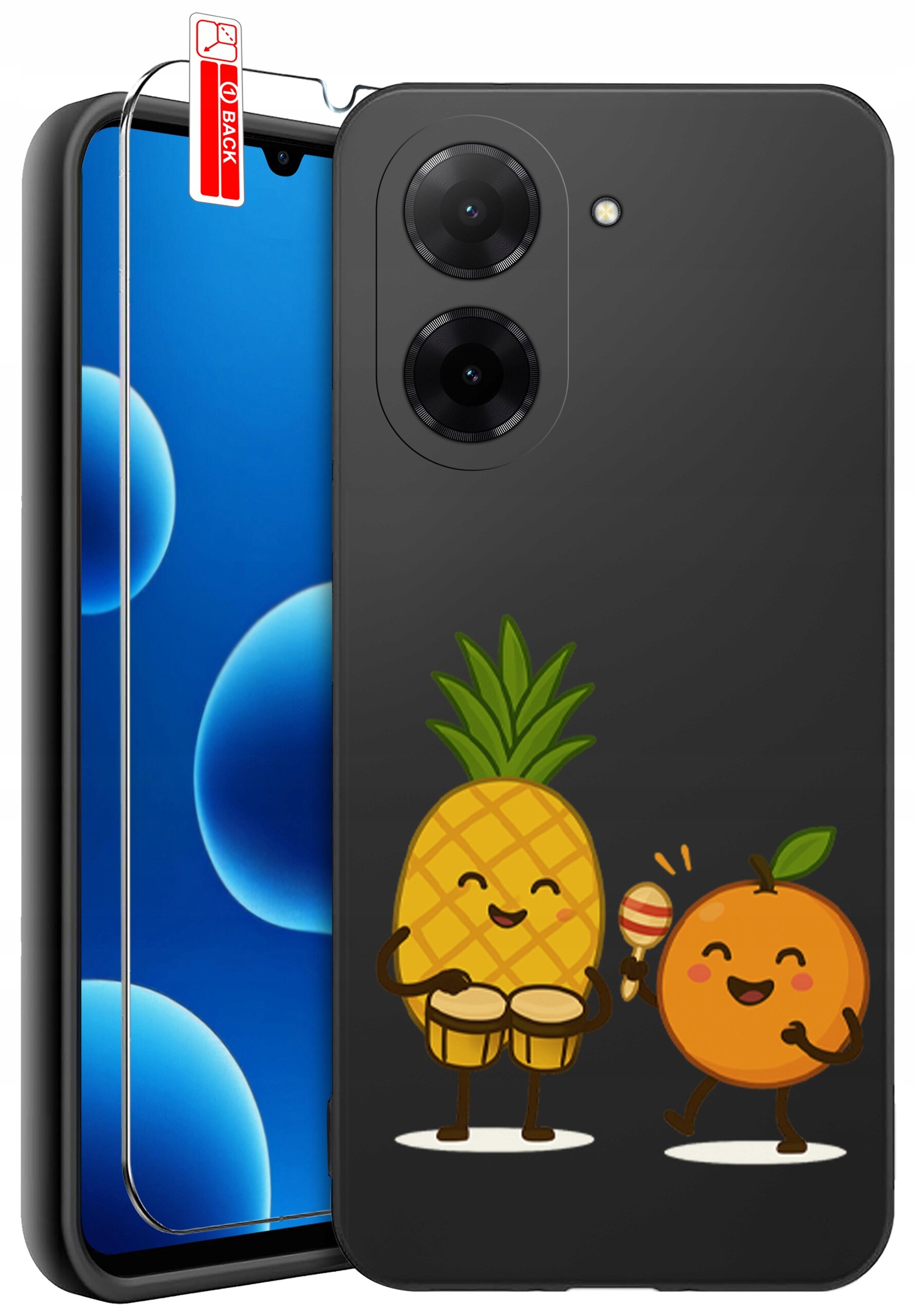Czarne silikonowe etui na telefon z grafiką przedstawiającą uśmiechniętego ananasa grającego na bębnach i pomarańczę z marakasem. Obok etui znajduje się szkło ochronne z etykietą \'BACK\'.