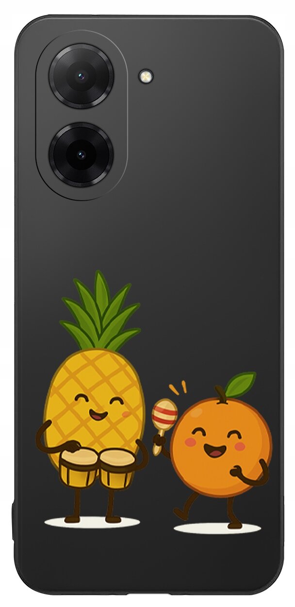 Czarne etui na telefon z grafiką przedstawiającą uśmiechnięte ananasa i pomarańczę grające na instrumentach muzycznych.