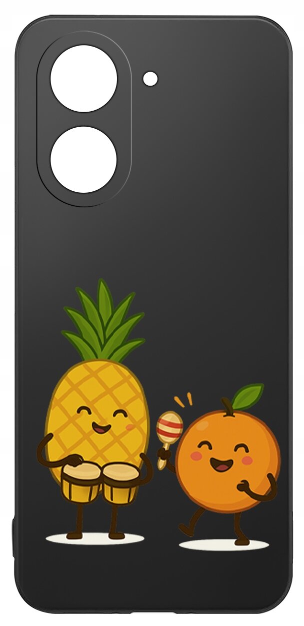 Czarne etui na telefon z grafiką przedstawiającą uśmiechnięte ananasa i pomarańczę grające na instrumentach. Etui ma dwa otwory na aparat i jeden mniejszy na lampę błyskową.