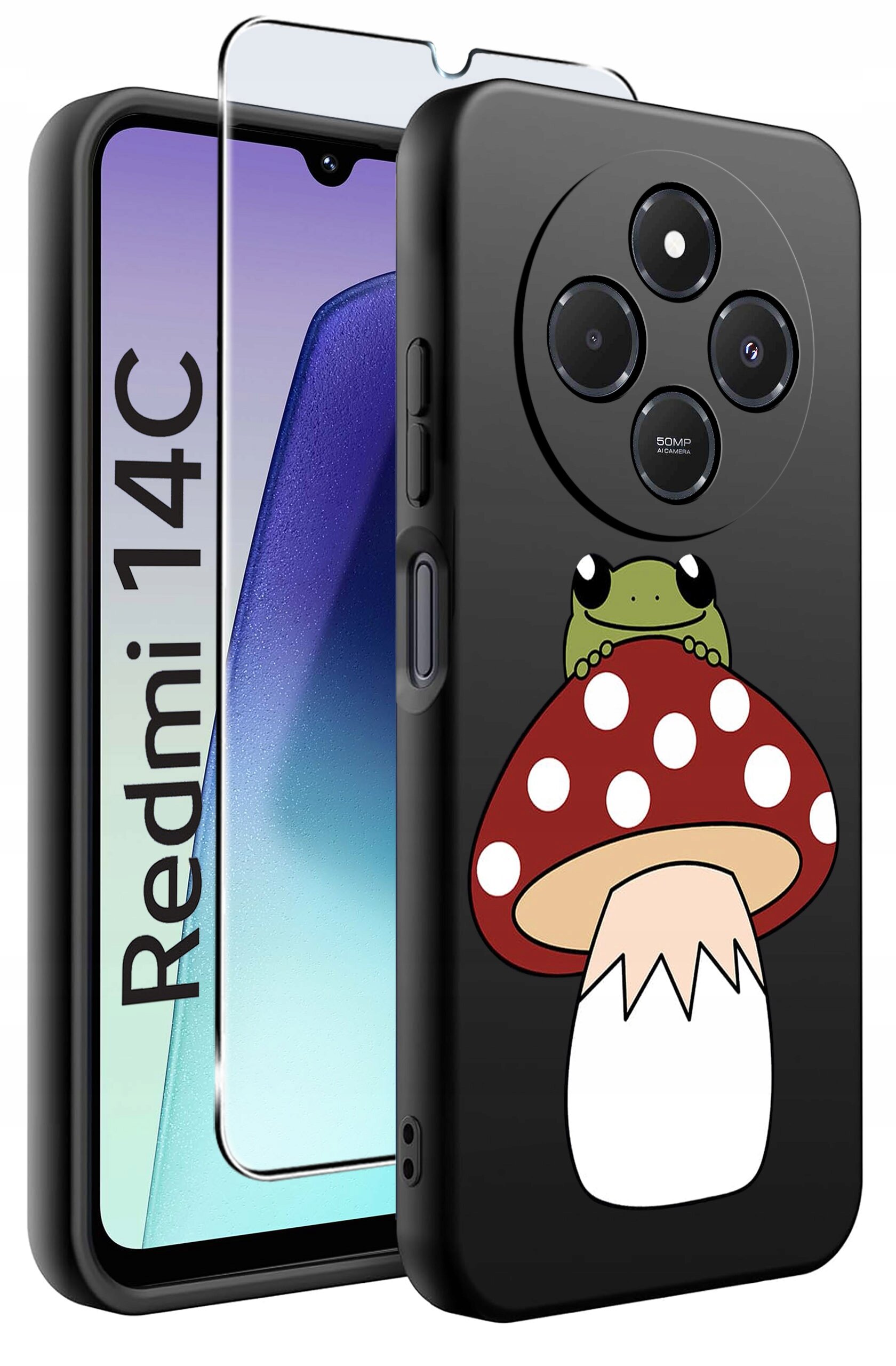 Obraz przedstawia czarne etui na telefon z nadrukiem grzyba z żabą na wierzchu. Obok etui widoczny jest telefon z napisem \'Redmi 14C\' oraz szkło ochronne.
