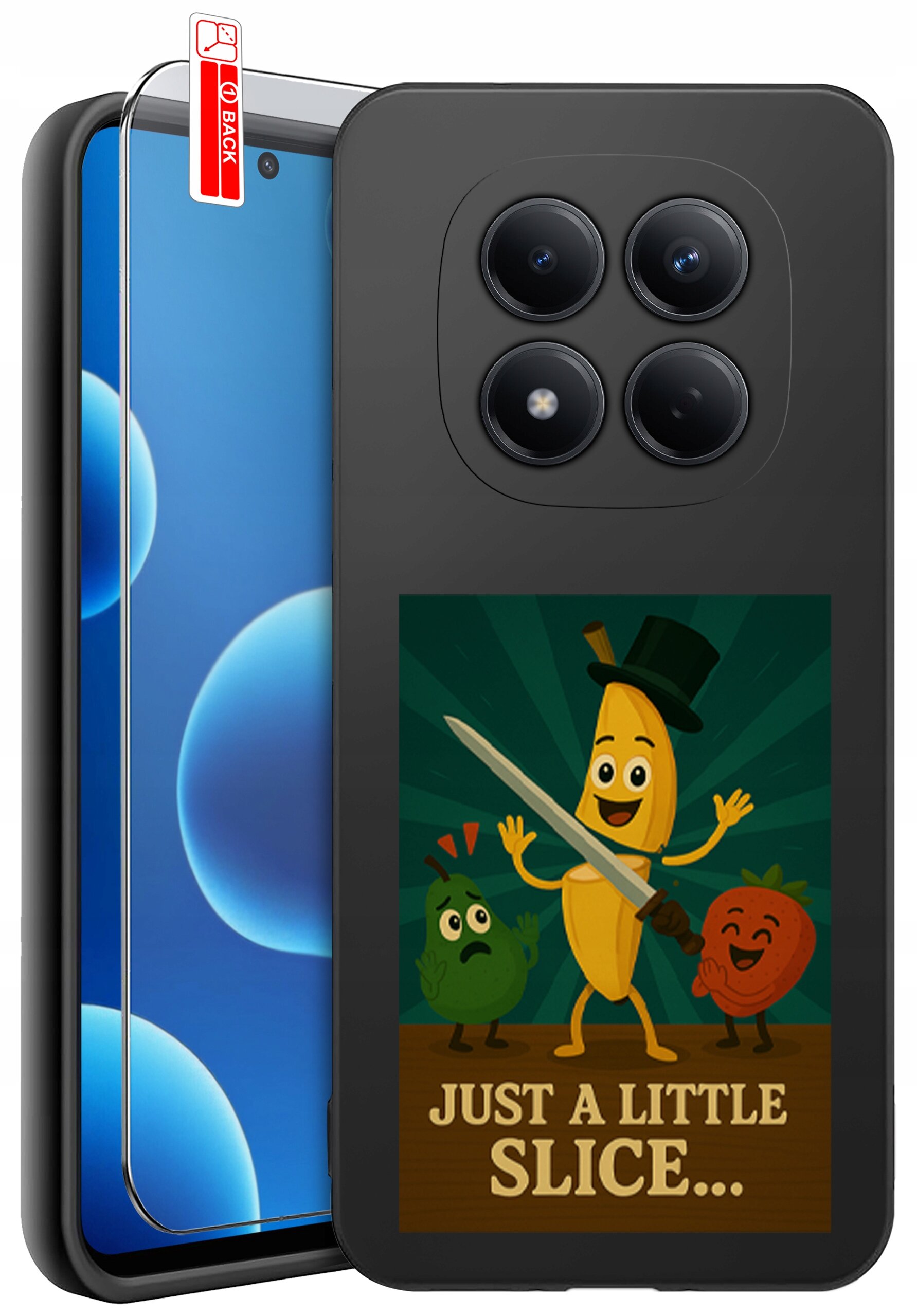 Etui na telefon z grafiką przedstawiającą postać banana w cylindrze z mieczem oraz napisem \'JUST A LITTLE SLICE...\'. Obok etui znajduje się szkło ochronne z oznaczeniem \'BACK\'.