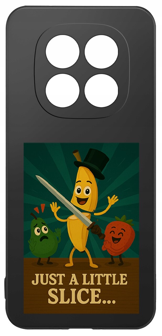 Etui na telefon z grafiką przedstawiającą banana w cylindrze trzymającego miecz, obok którego znajdują się postacie przypominające warzywa lub owoce. Na dole widnieje napis: \'JUST A LITTLE SLICE...\'.