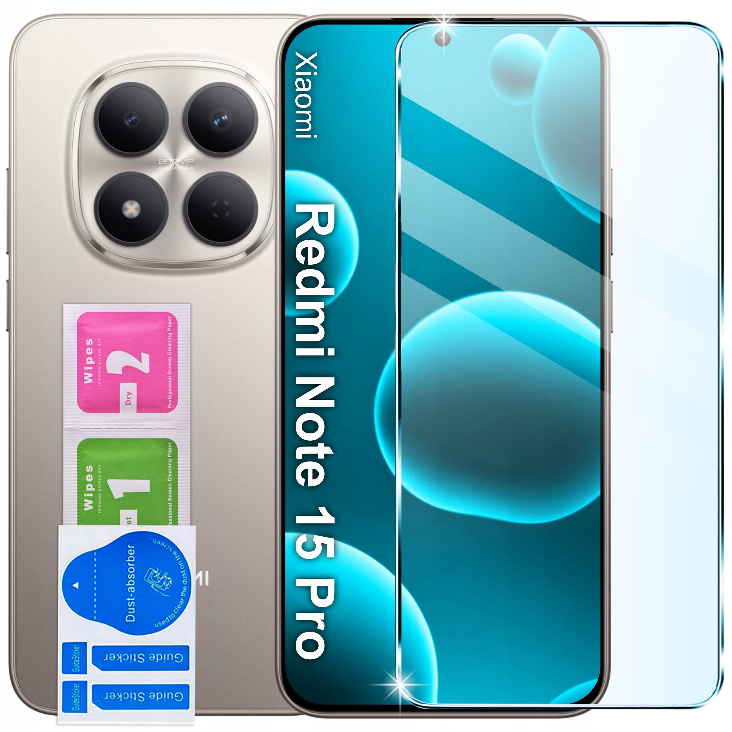 Obraz przedstawia telefon z widocznym napisem \'Redmi Note 15 Pro\' oraz zestawem akcesoriów, w tym szkłem ochronnym i ściereczkami do czyszczenia oznaczonymi jako \'Wipes 1\' i \'Wipes 2\'.