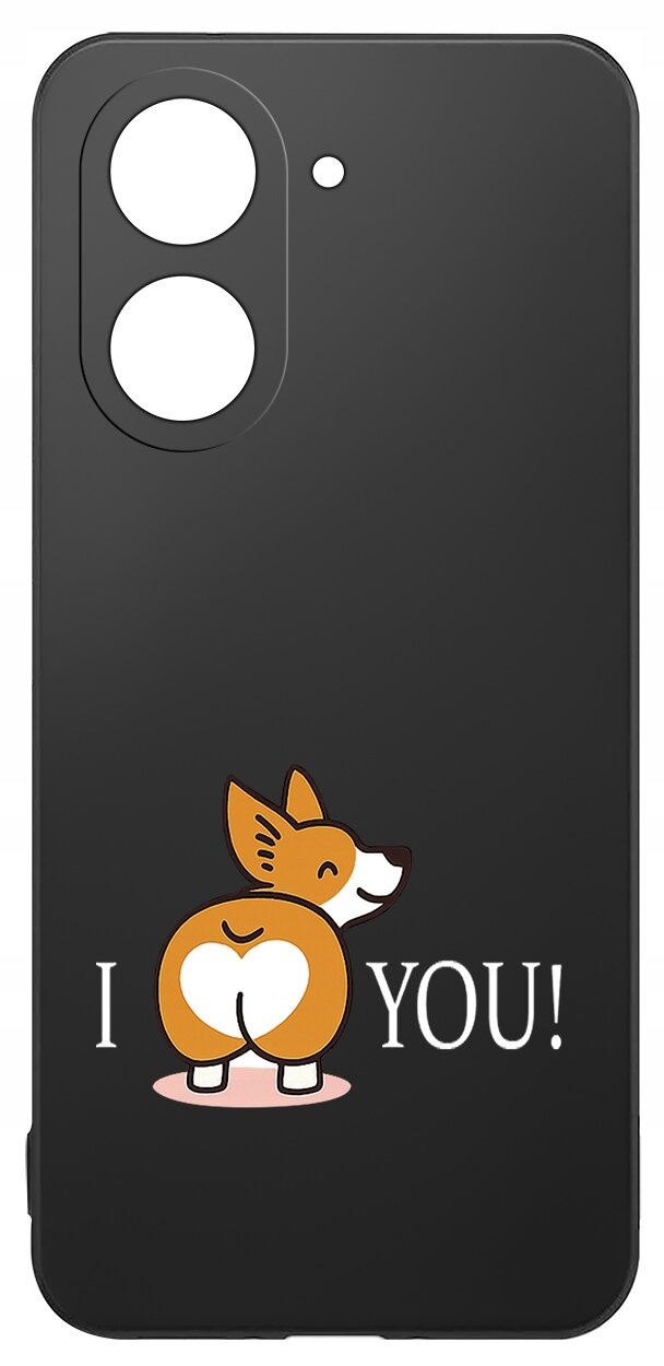 Czarne etui z nadrukiem przedstawiającym rysunkowego psa z sercem na tylnej części ciała oraz napisem \'I YOU!\'.