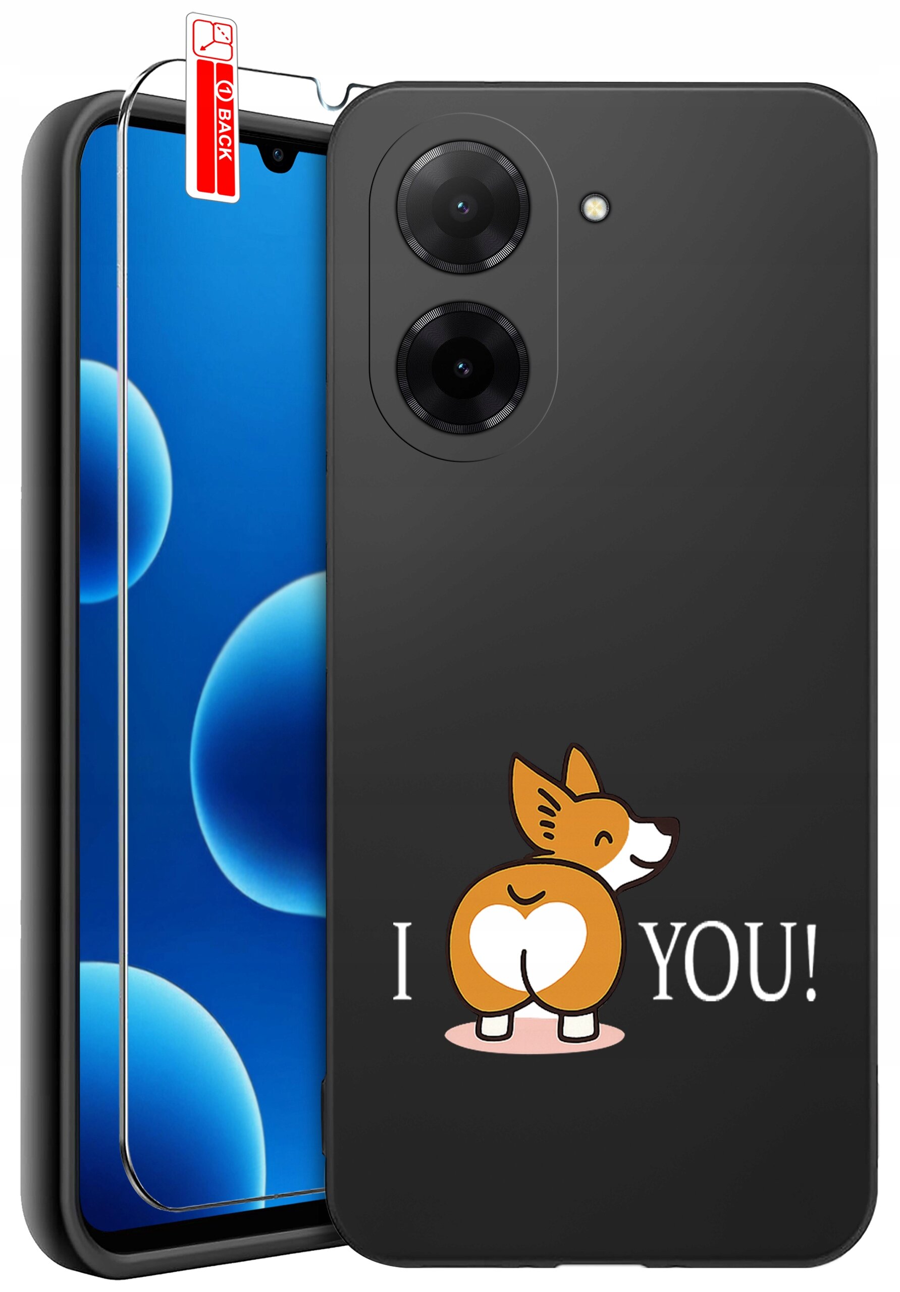 Czarne etui na telefon z nadrukiem psa i napisem \'I YOU!\'. Obok znajduje się szkło ochronne z czerwoną naklejką \'BACK\'.