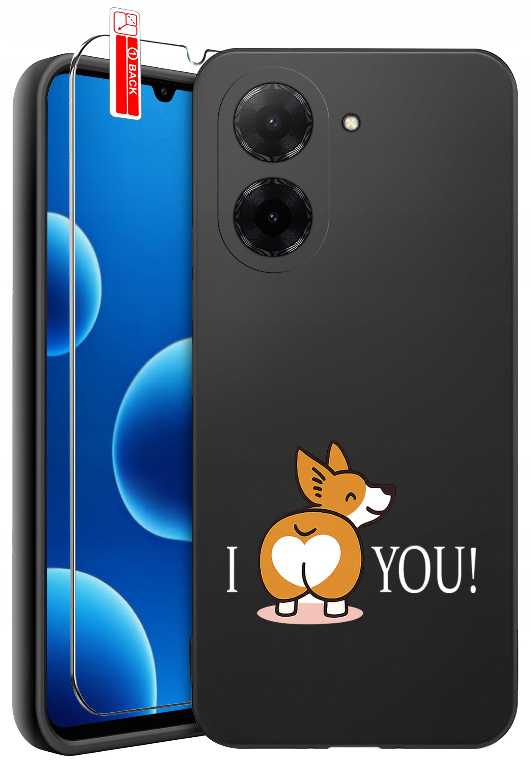 Czarne etui na telefon z nadrukiem psa i napisem \'I ❤️ YOU!\'. Obok etui znajduje się szkło ochronne z czerwoną naklejką \'BACK\'.