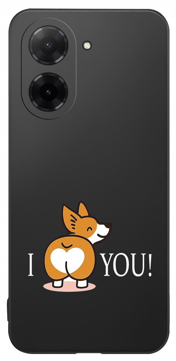 Czarne etui na telefon z grafiką przedstawiającą psa z sercem na tylnej części ciała oraz napisem \'I YOU!\'.