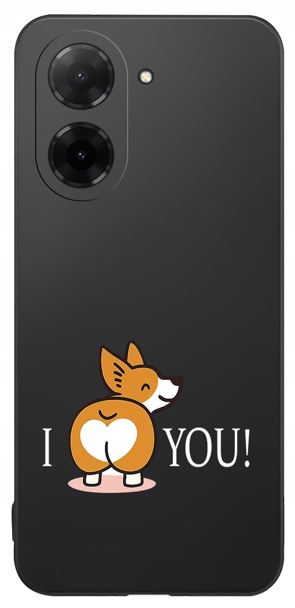 Czarne etui na telefon z grafiką przedstawiającą psa z sercem na tylnej części ciała oraz napisem \'I YOU!\'.