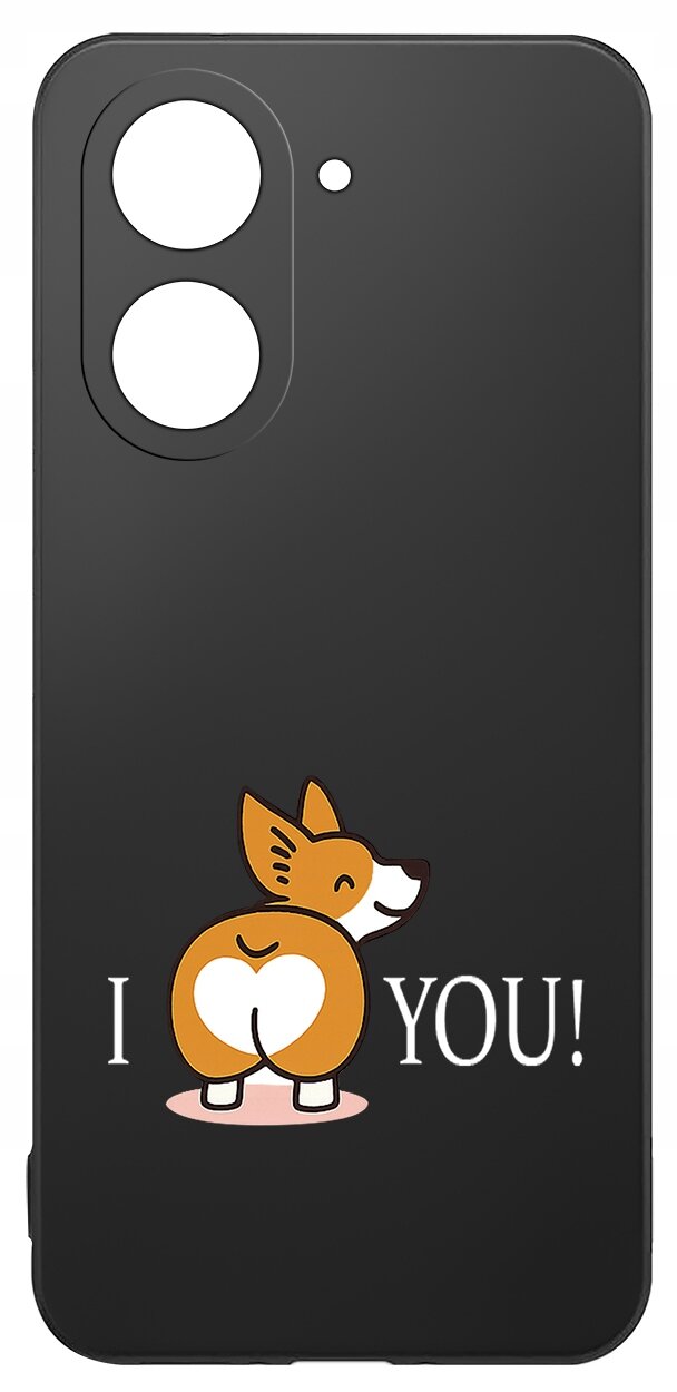Czarne etui z nadrukiem przedstawiającym psa z sercem na tylnej części ciała oraz napisem \'I YOU!\'.