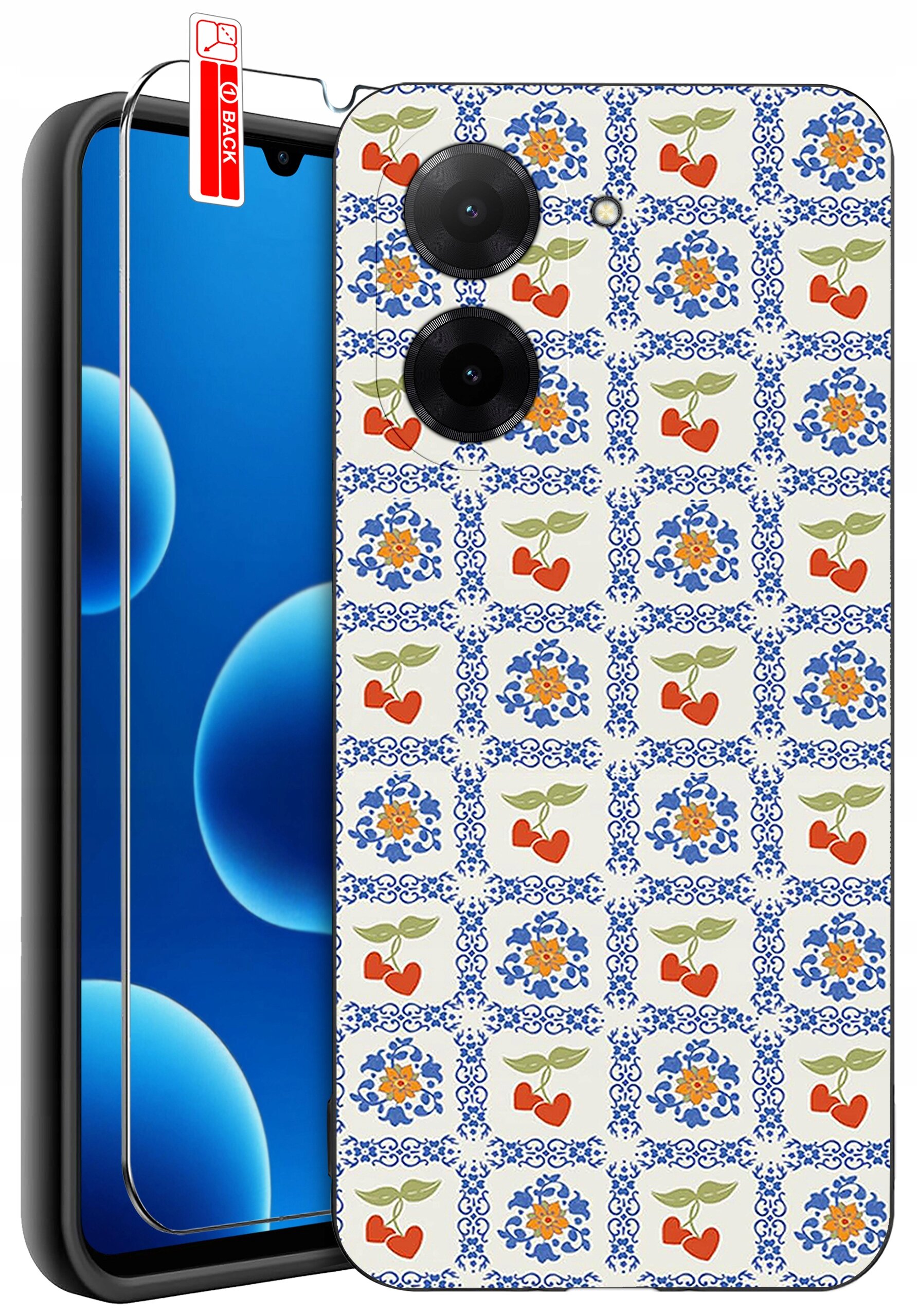 Obraz przedstawia telefon z nałożonym etui o wzorze z motywami kwiatowymi i owocowymi w kolorach niebieskim, pomarańczowym i zielonym. Obok telefonu znajduje się szkło ochronne z etykietą \'BACK\'.