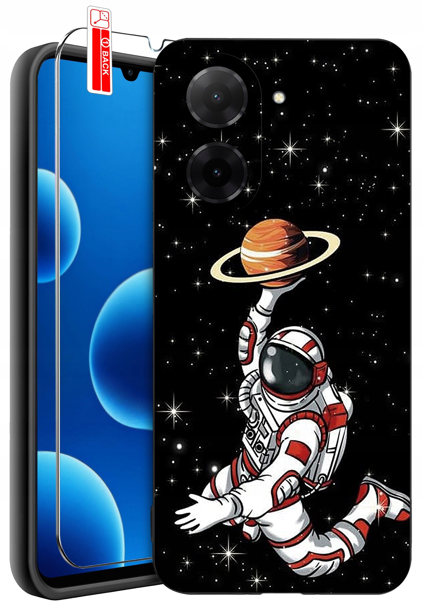 Etui na telefon z grafiką astronauty trzymającego planetę z pierścieniami na tle gwiazd. Obok znajduje się szkło ochronne z etykietą \'BACK\'.
