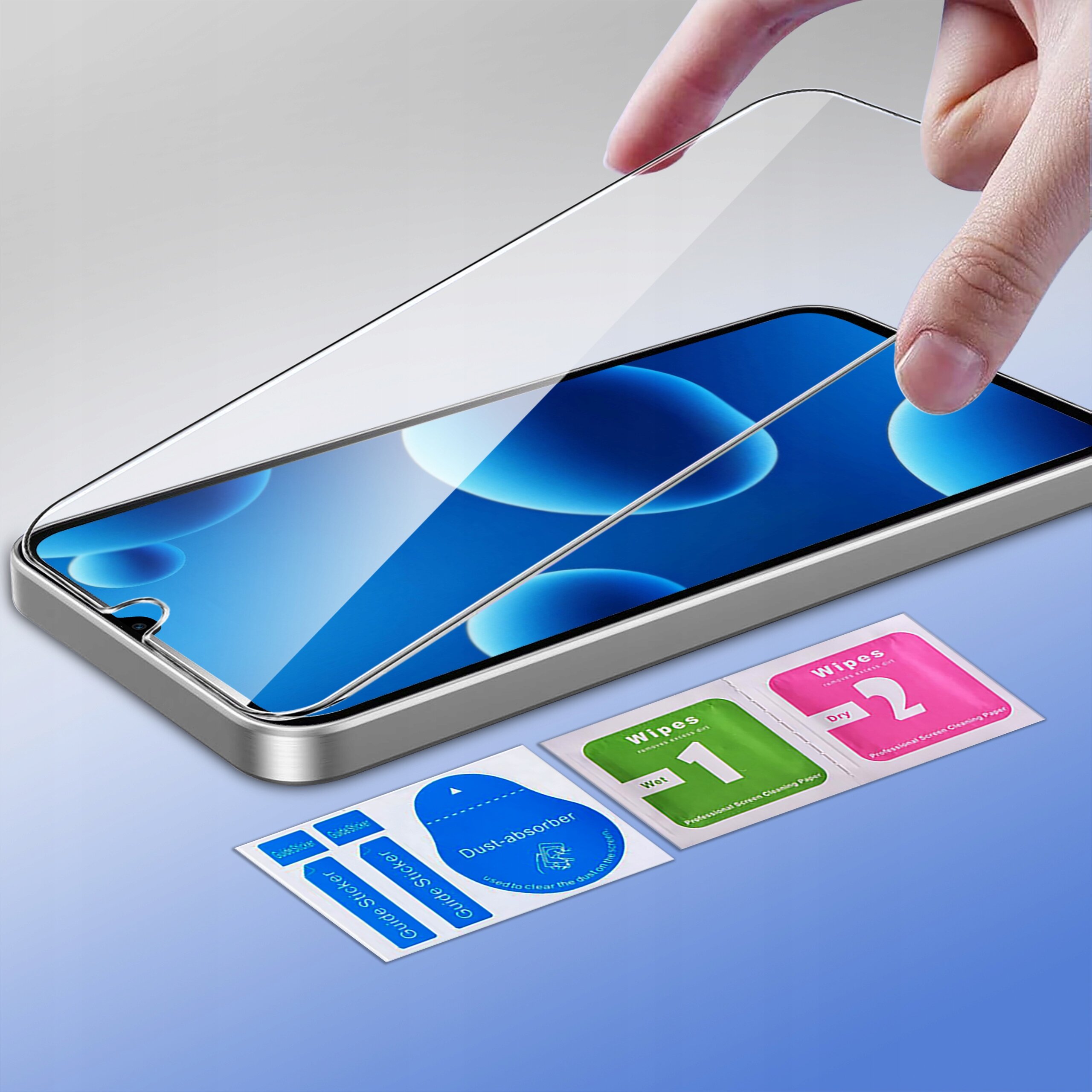 Na obrazie widać smartfon z nałożonym szkłem ochronnym oraz zestaw akcesoriów do czyszczenia ekranu, w tym naklejki \'Dust-absorber\' i chusteczki \'Wipes Wet 1\' oraz \'Wipes Dry 2\'.