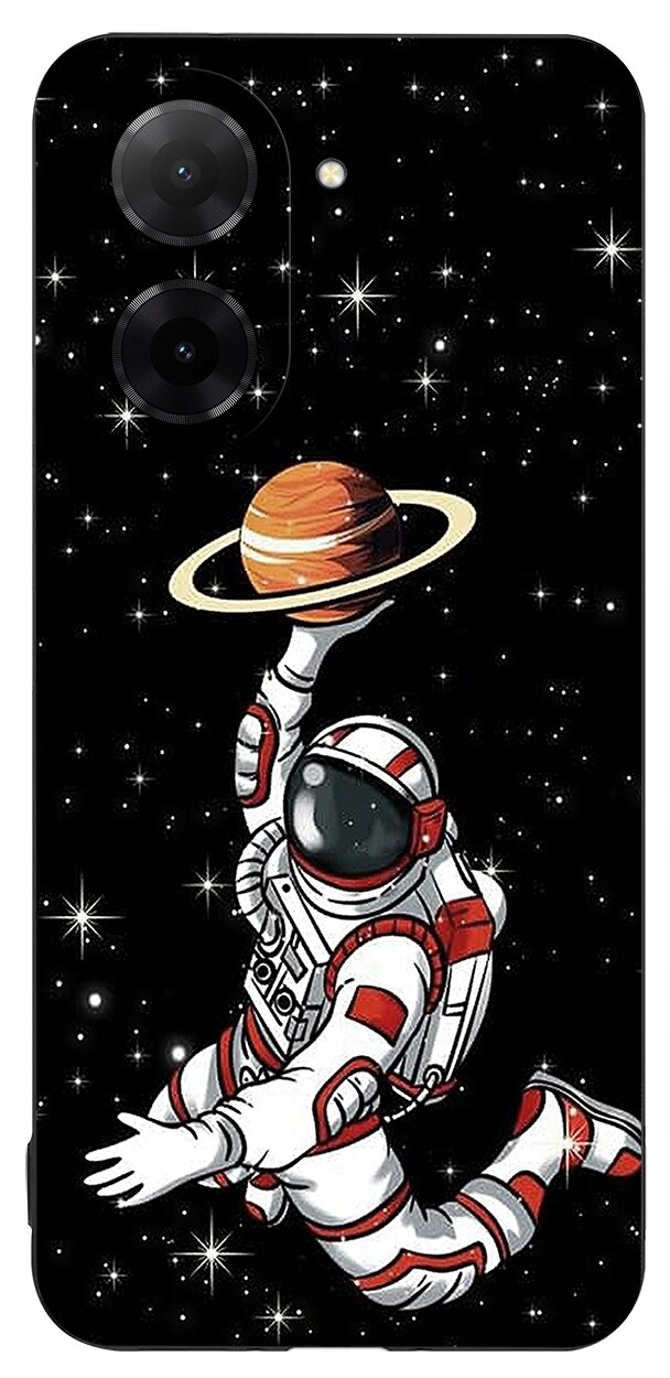 Etui z motywem kosmonauty trzymającego planetę z pierścieniami na tle gwiazd. Etui jest czarne z białymi i czerwonymi elementami na skafandrze kosmonauty.