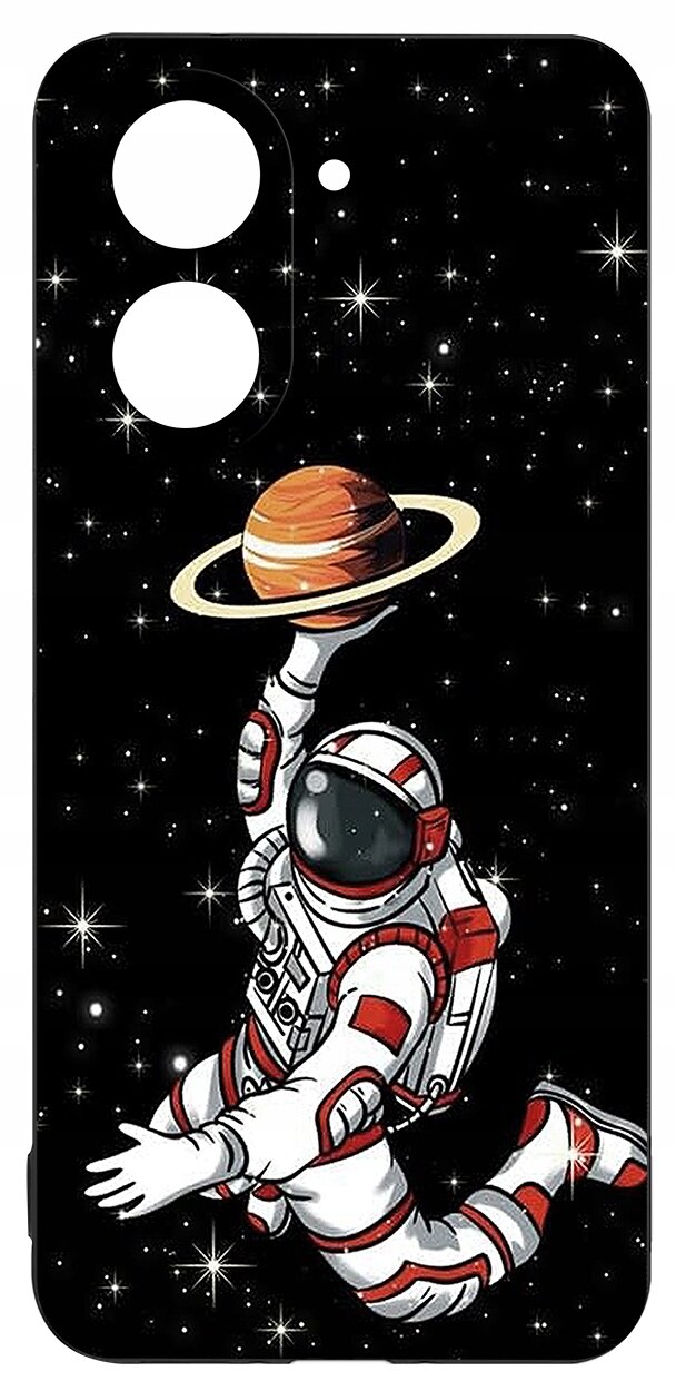 Etui z motywem kosmonauty w skafandrze, trzymającego planetę z pierścieniami na tle gwiazd. Kolorystyka to głównie czerń, biel i czerwone akcenty.