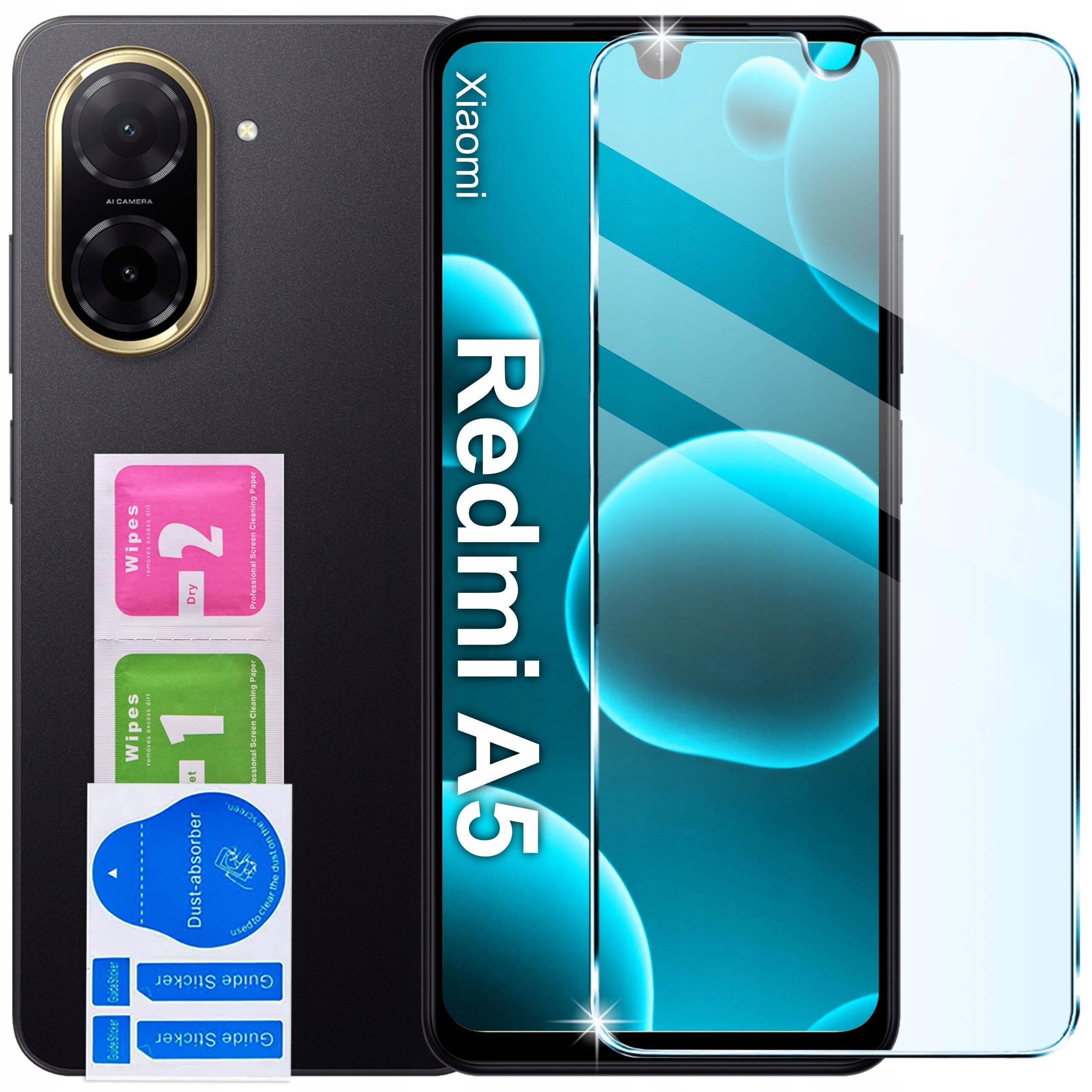 Obraz przedstawia telefon Xiaomi Redmi A5 z nałożonym szkłem ochronnym. Obok telefonu znajdują się dwie ściereczki do czyszczenia oznaczone jako \'Wipes 1\' i \'Wipes 2\' oraz naklejki \'Dust-absorber\' i \'Guide sticker\'.