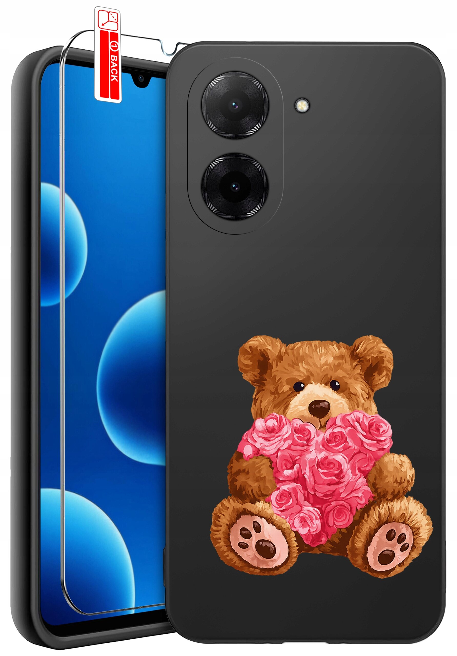 Czarne etui na telefon z nadrukiem misia trzymającego różowe róże. Obok znajduje się szkło ochronne z etykietą \'BACK\'.