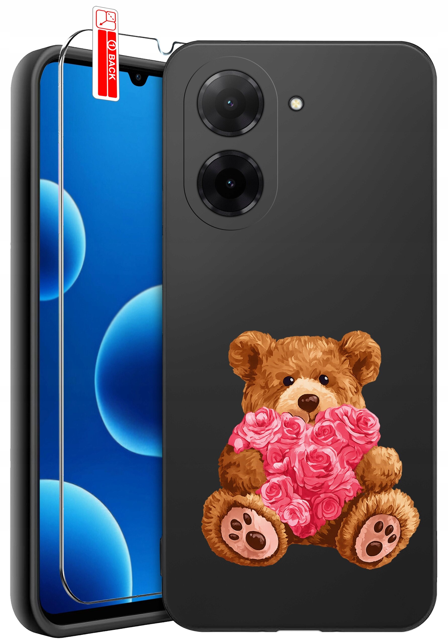 Czarne etui na telefon z nadrukiem misia trzymającego różowe serce z róż. Obok znajduje się szkło ochronne z etykietą \'BACK\'.