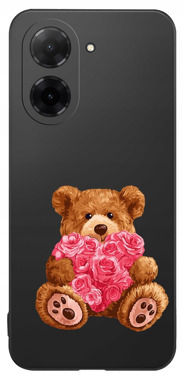Czarne etui na telefon z nadrukiem misia trzymającego różowe serce z kwiatów. Etui posiada dwa otwory na aparat fotograficzny.