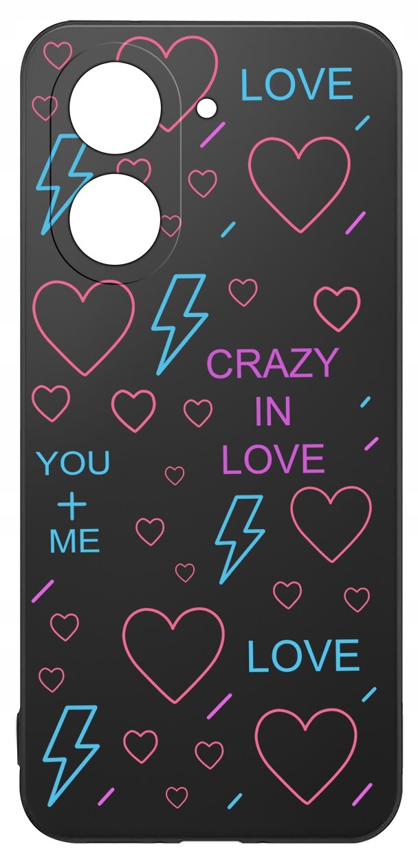Czarne etui z kolorowymi wzorami serc, błyskawic i napisami: \'LOVE\', \'CRAZY IN LOVE\', \'YOU + ME\'.