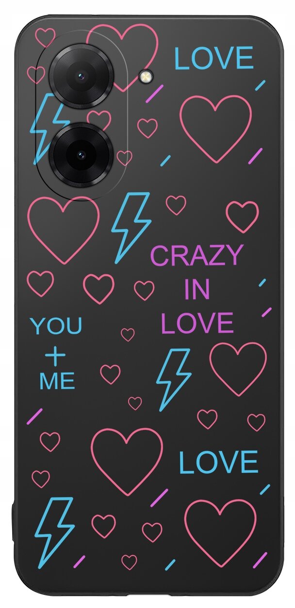 Czarne etui na telefon z kolorowymi wzorami serc i błyskawic oraz napisami: \'LOVE\', \'CRAZY IN LOVE\', \'YOU + ME\'.