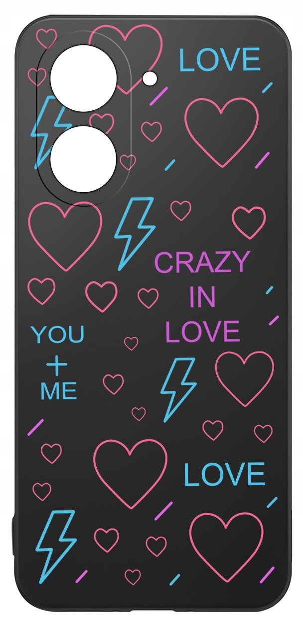 Czarne etui z kolorowymi wzorami serc, błyskawic i napisami: \'LOVE\', \'CRAZY IN LOVE\', \'YOU + ME\'.
