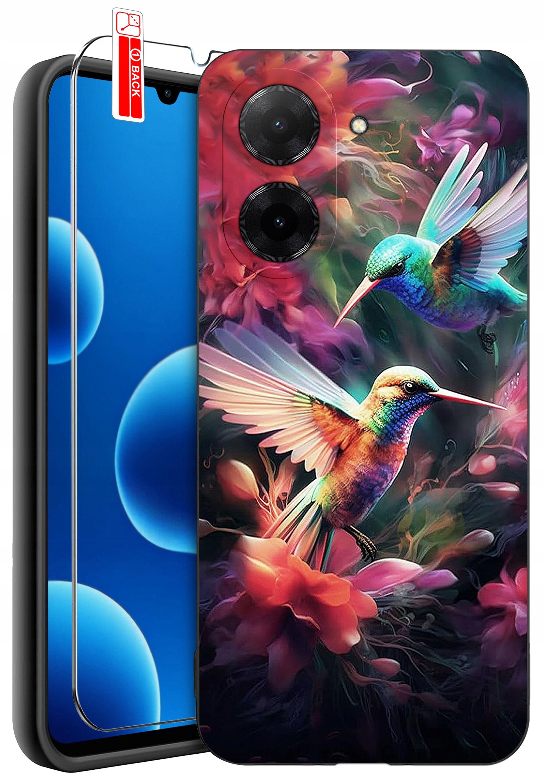 Obraz przedstawia etui na telefon z kolorowym wzorem kolibrów na tle kwiatów. Obok etui znajduje się telefon z nałożonym szkłem ochronnym, a na nim widoczny jest napis \'BACK\'.
