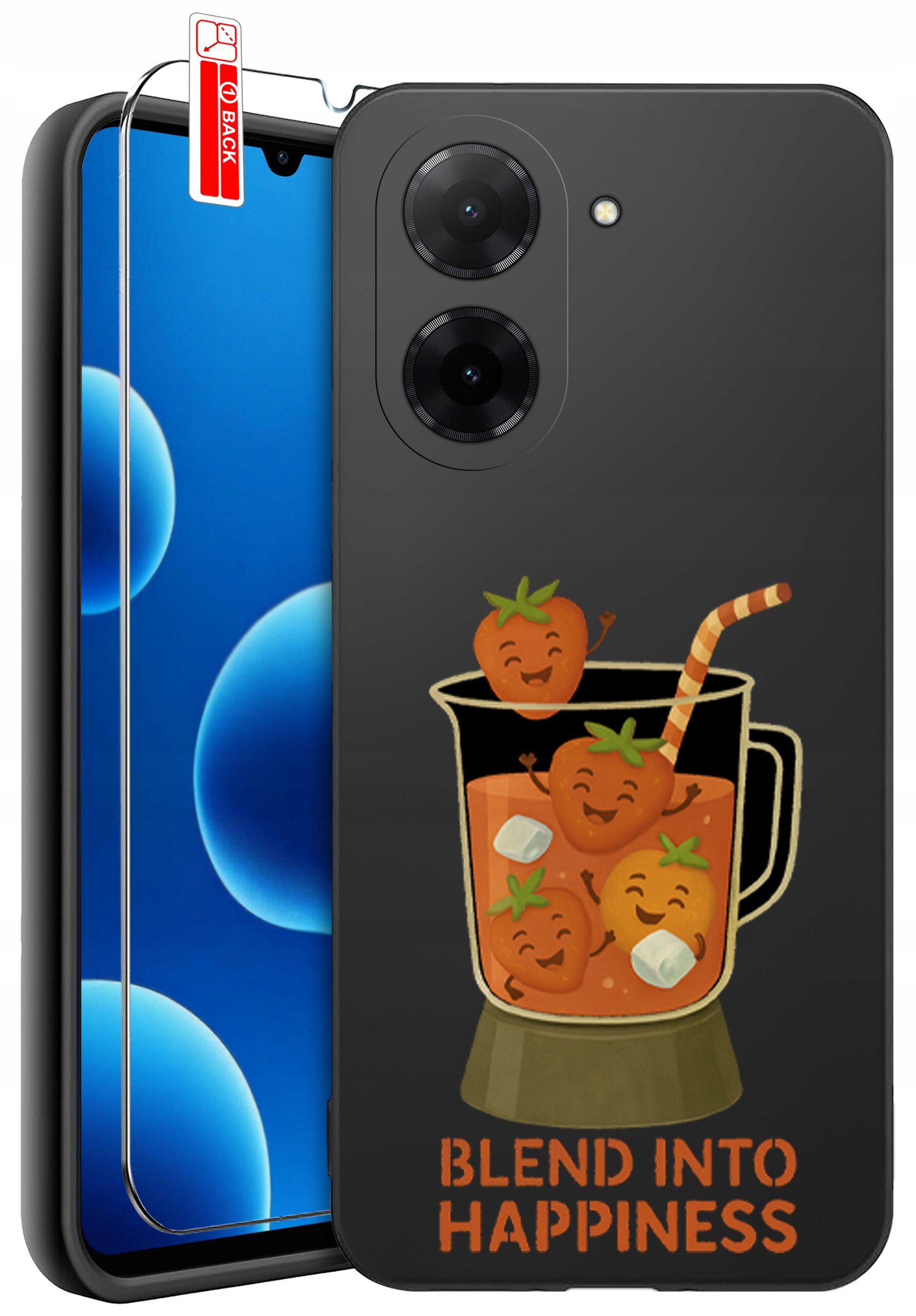 Czarne etui na telefon z grafiką przedstawiającą uśmiechnięte truskawki w blenderze oraz napis \'BLEND INTO HAPPINESS\'. Obok etui znajduje się szkło ochronne z oznaczeniem \'BACK\'.