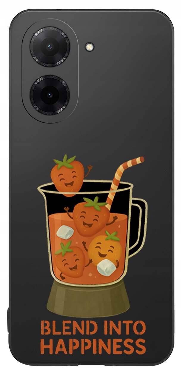 Czarne etui z grafiką przedstawiającą uśmiechnięte owoce w blenderze z napisem \'BLEND INTO HAPPINESS\'.