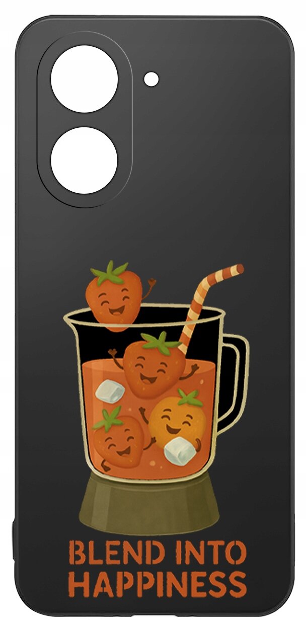 Czarne etui z grafiką przedstawiającą uśmiechnięte owoce w blenderze z napisem \'BLEND INTO HAPPINESS\'.
