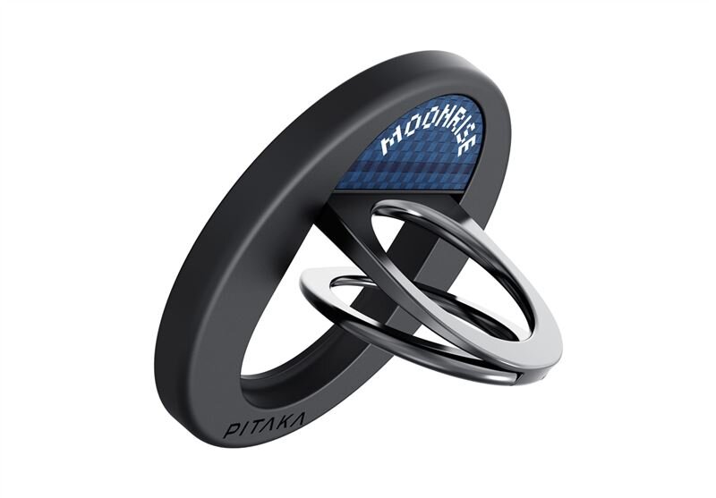 Produkt w kształcie pierścienia z napisem \'MOONRISE\' na niebieskim tle i logo \'PITAKA\' na czarnej powierzchni. Posiada metalowy uchwyt w formie dwóch połączonych kółek.
