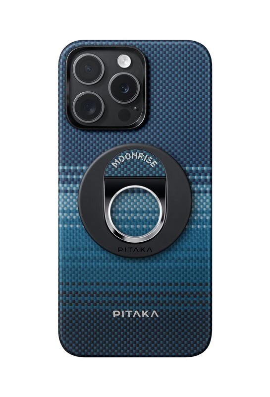 Etui na telefon z niebieskim wzorem, posiada okrągły uchwyt z napisem \'MOONRISE\'. Na dole widoczne jest logo \'PITAKA\'.