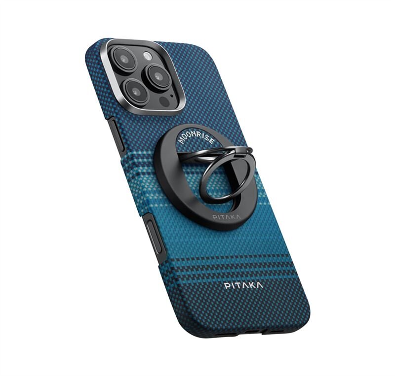 Etui na telefon w kolorze niebieskim z czarnym uchwytem z napisem \'MOONRISE\' i \'PITAKA\'.