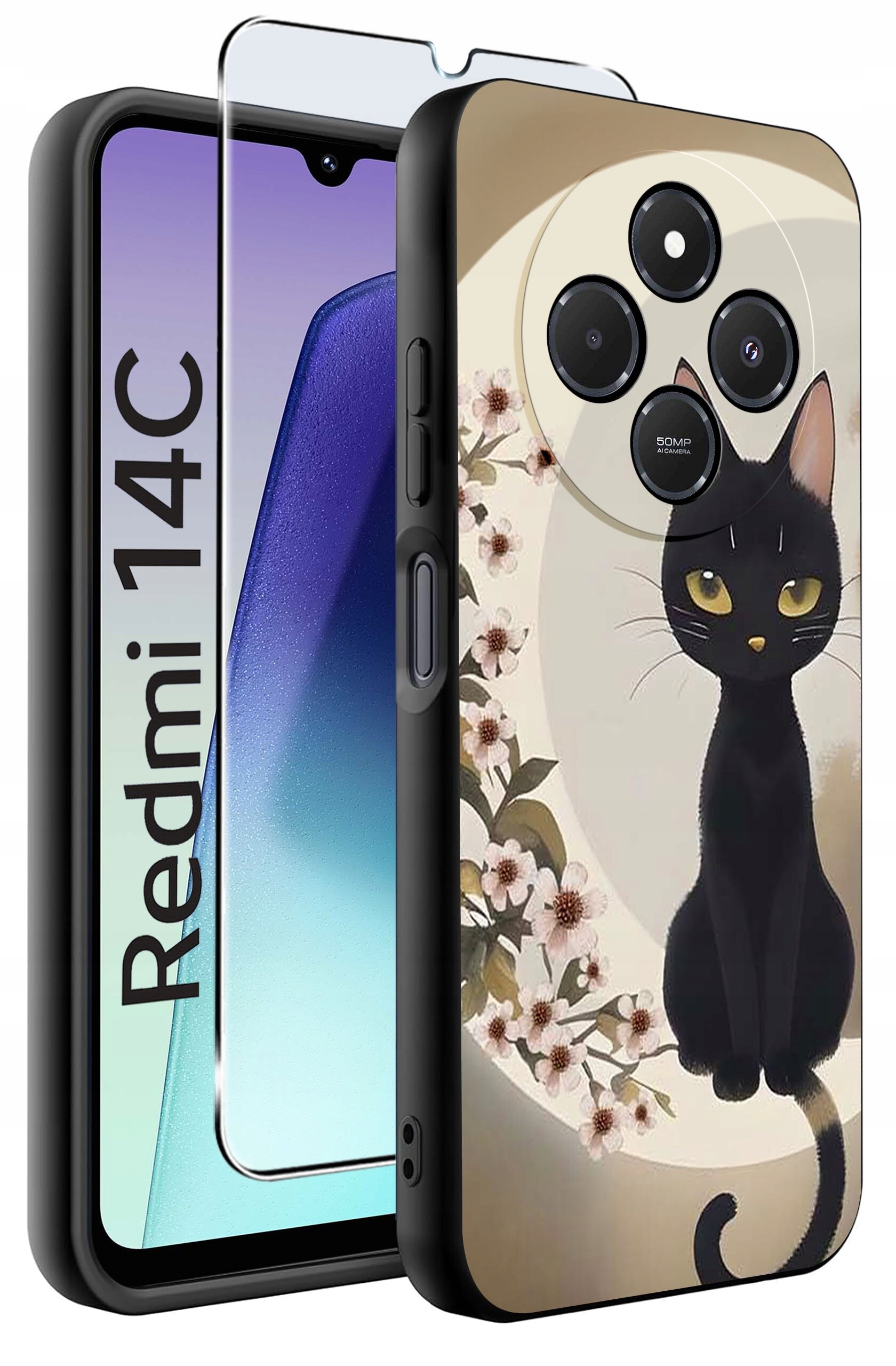 Obraz przedstawia etui na telefon z nadrukiem czarnego kota i kwiatów, obok którego znajduje się szkło ochronne. Na ekranie telefonu widoczny jest napis \'Redmi 14C\'.