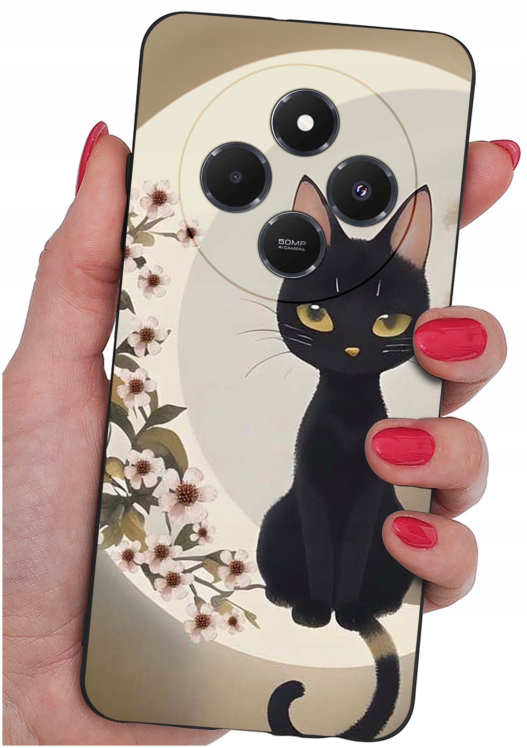 Etui na telefon z grafiką czarnego kota siedzącego na tle księżyca i kwiatów. Widoczne są trzy obiektywy aparatu oraz napis \'50MP AI Camera\'.