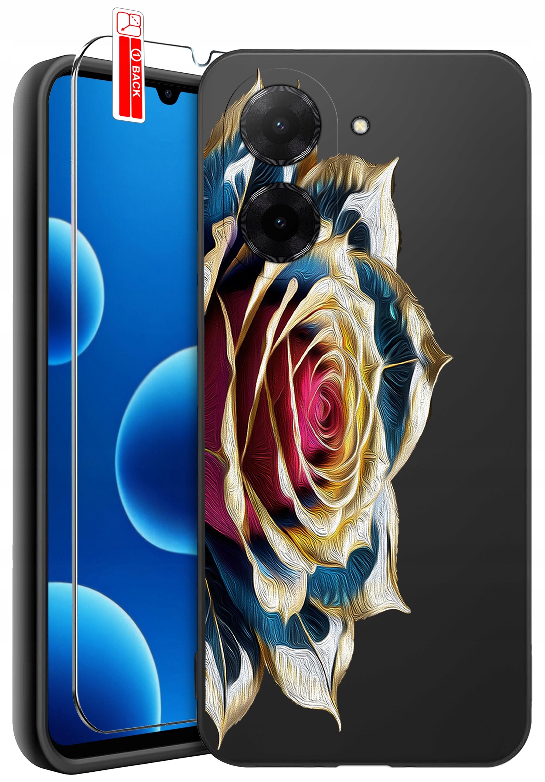 Obraz przedstawia silikonowe etui na telefon z wzorem kolorowej róży na czarnym tle. Obok etui znajduje się szkło ochronne z etykietą \'BACK\'.