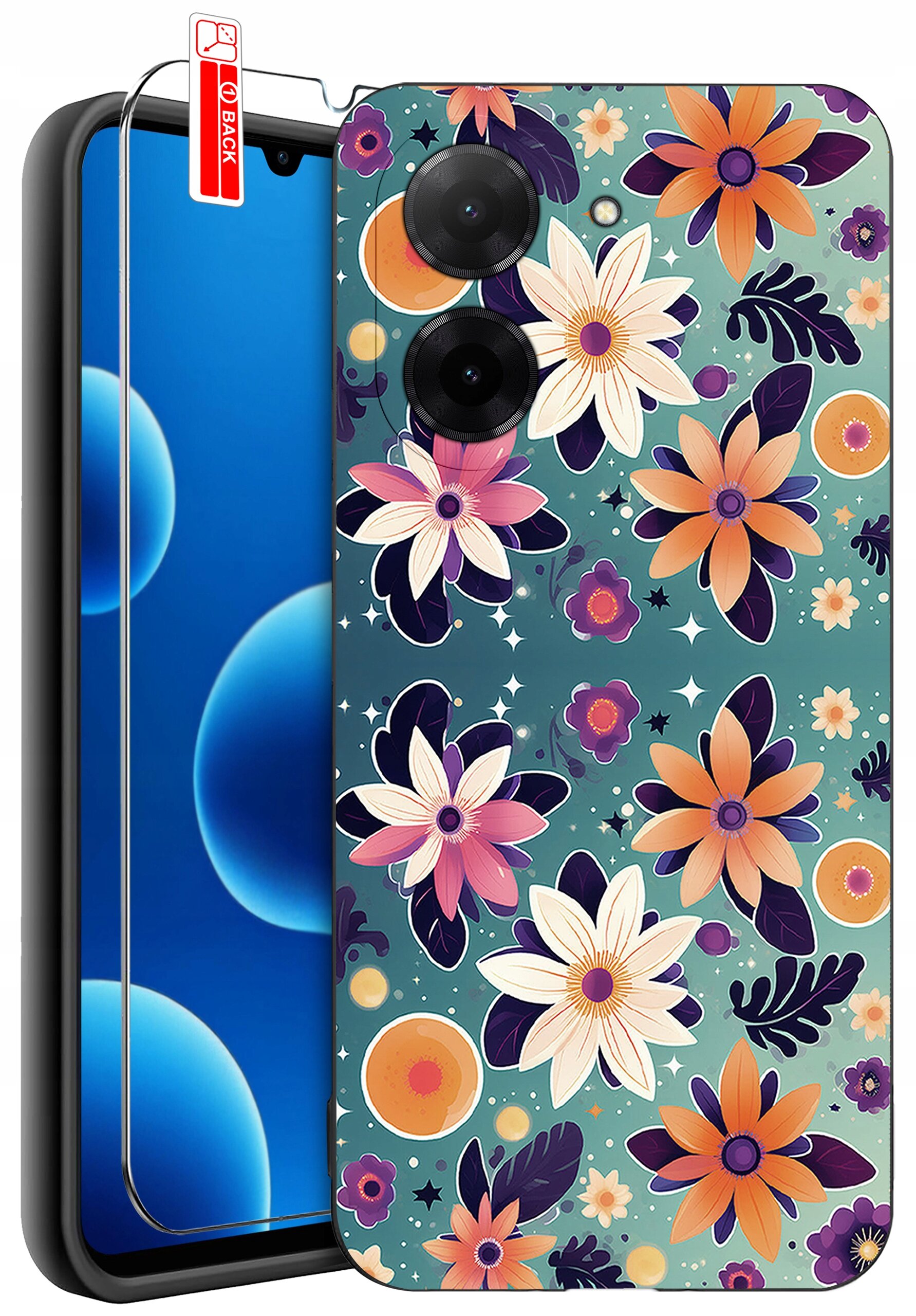 Etui na telefon z kolorowym wzorem kwiatowym, obok którego znajduje się szkło ochronne z napisem \'BACK\'.
