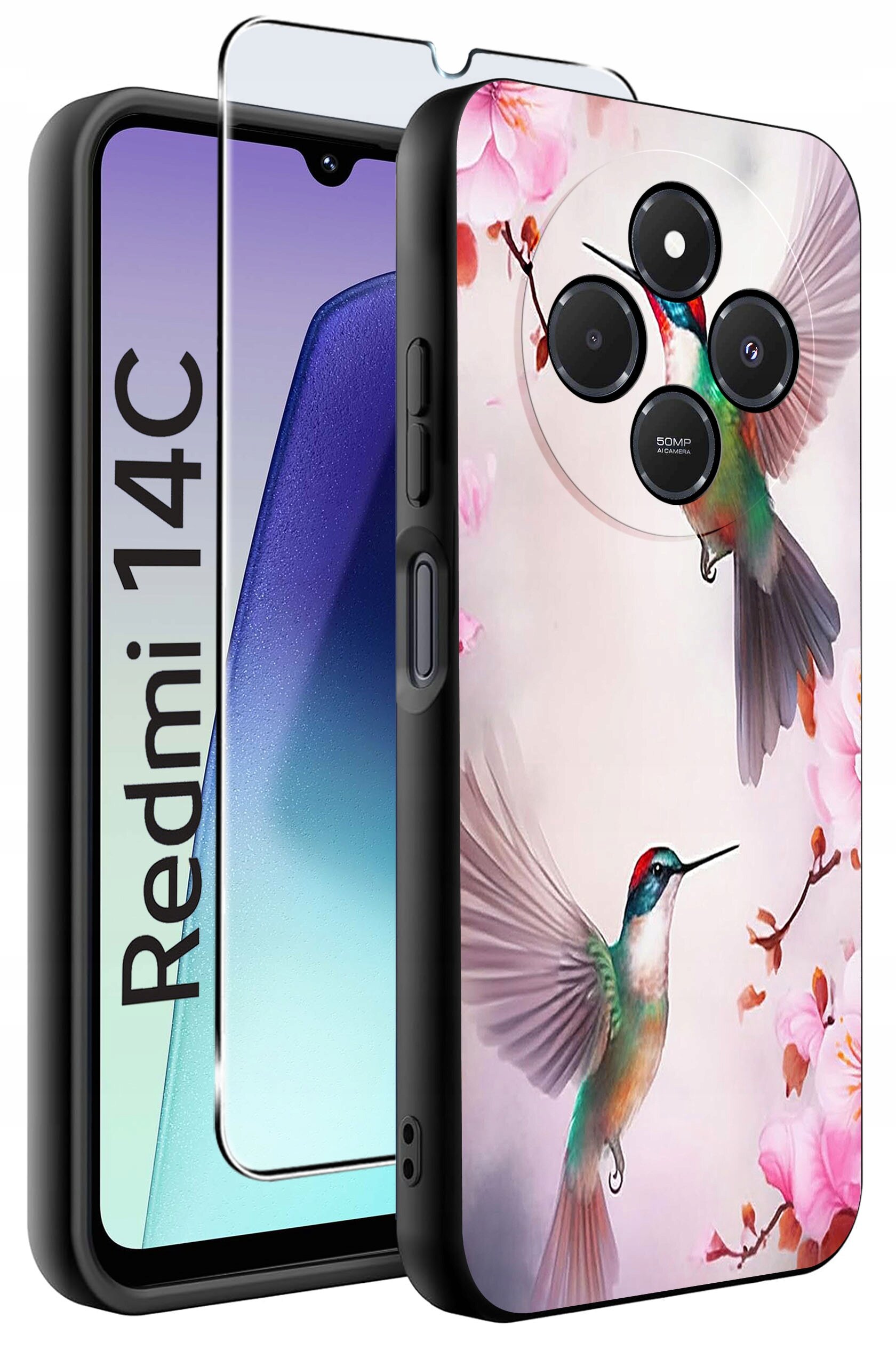 Obraz przedstawia etui na telefon z kolorowym wzorem kolibrów i kwiatów oraz szkło ochronne. Na ekranie telefonu widoczny jest napis \'Redmi 14C\'.