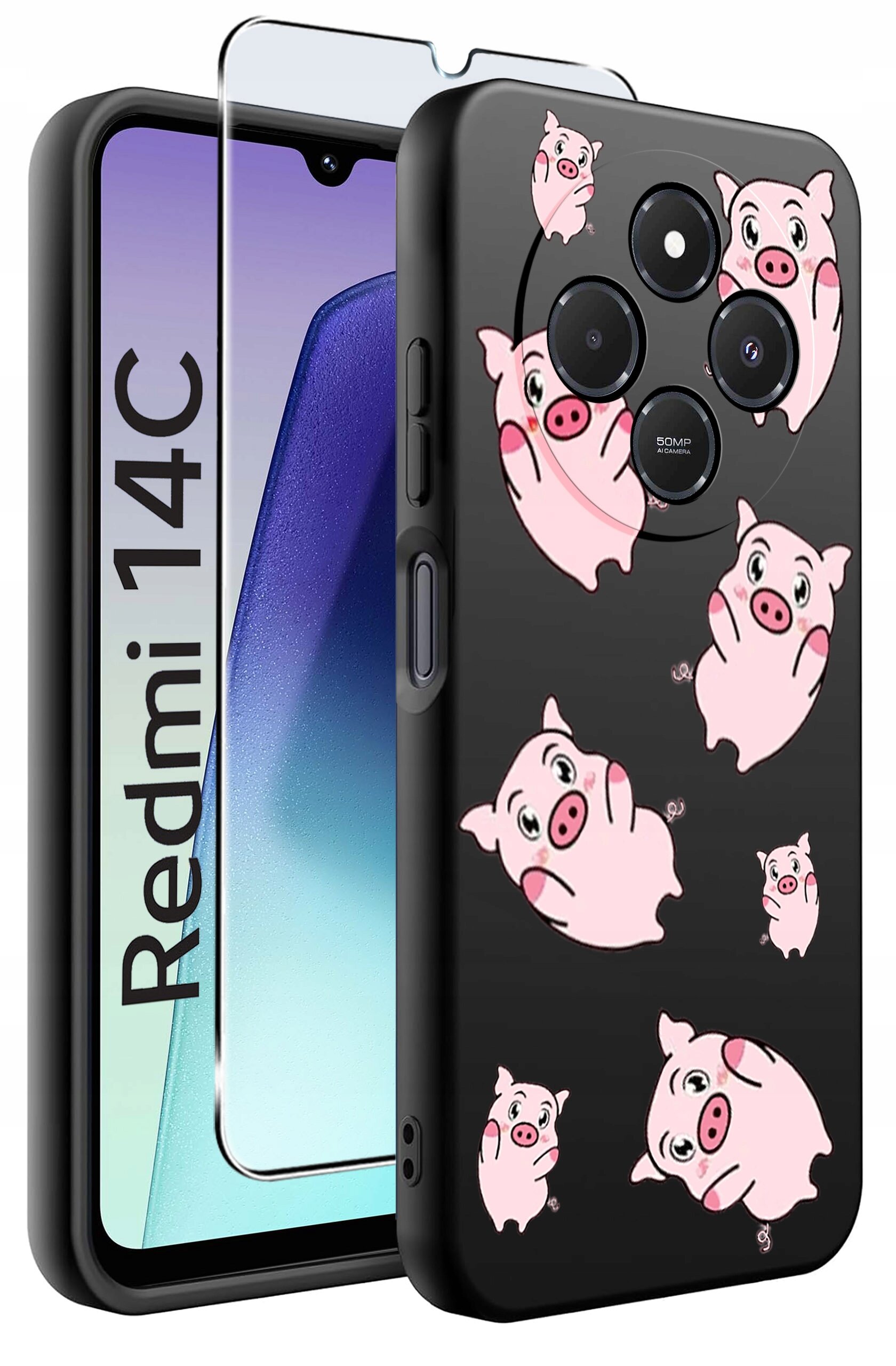 Etui na telefon z czarnym tłem ozdobione wzorami różowych świnek oraz szkło ochronne. Obok widoczny jest telefon z napisem \'Redmi 14C\'.