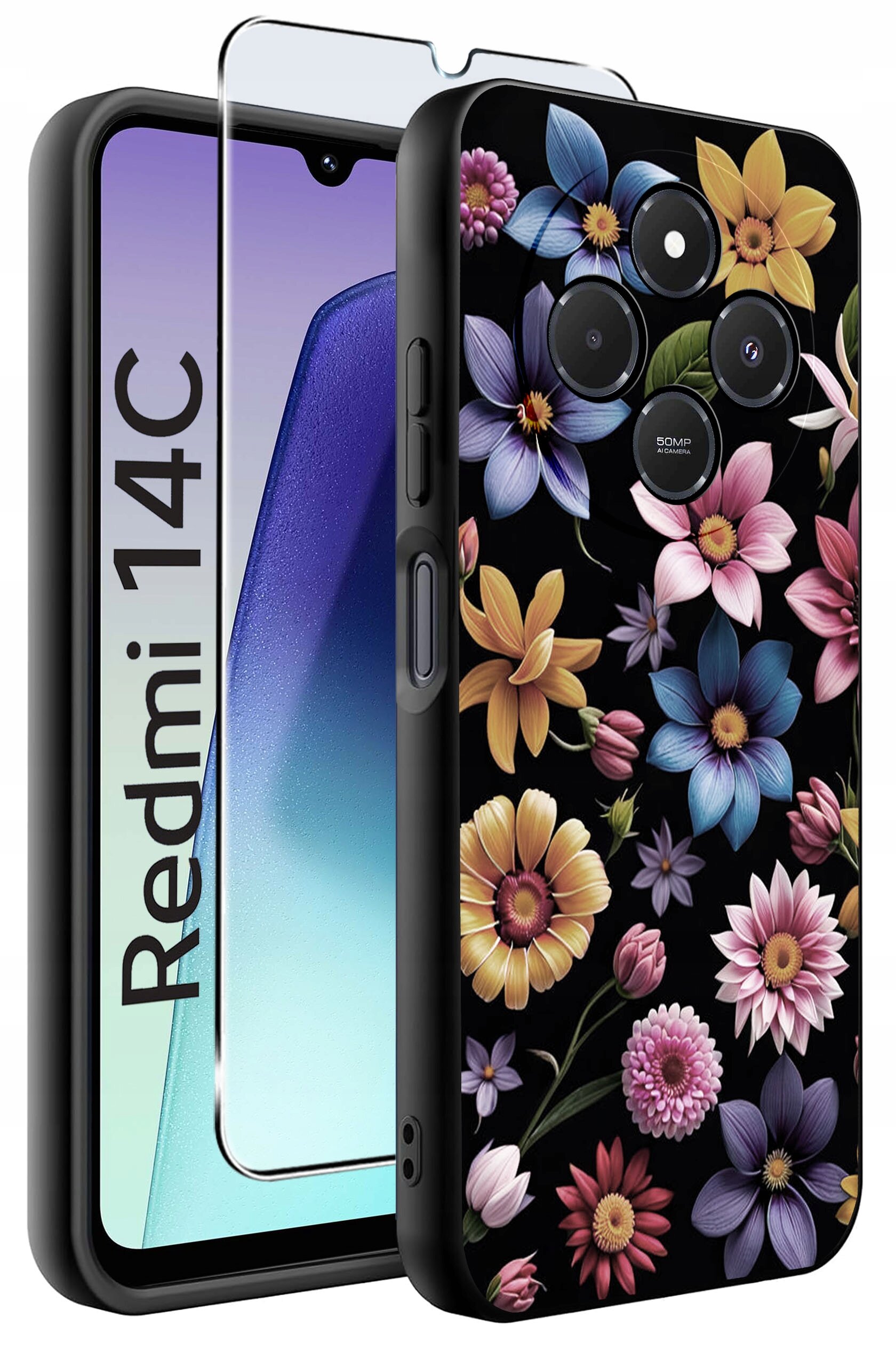 Etui na telefon z kolorowym wzorem kwiatów, obok którego znajduje się szkło ochronne. Na ekranie telefonu widoczny jest napis \'Redmi 14C\'.