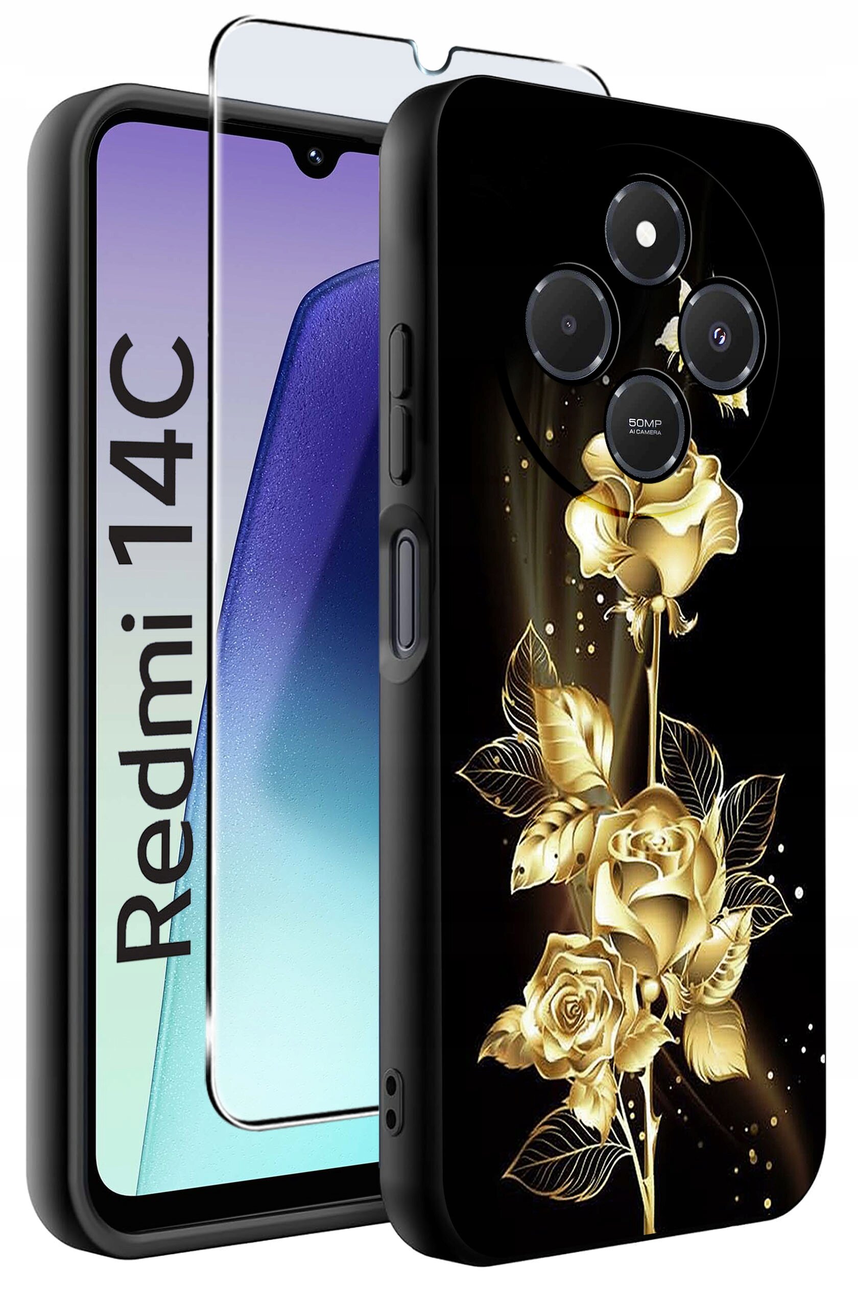 Obraz przedstawia etui na telefon z wzorem złotych róż na czarnym tle oraz szkło ochronne. Na ekranie telefonu widoczny jest napis \'Redmi 14C\'.