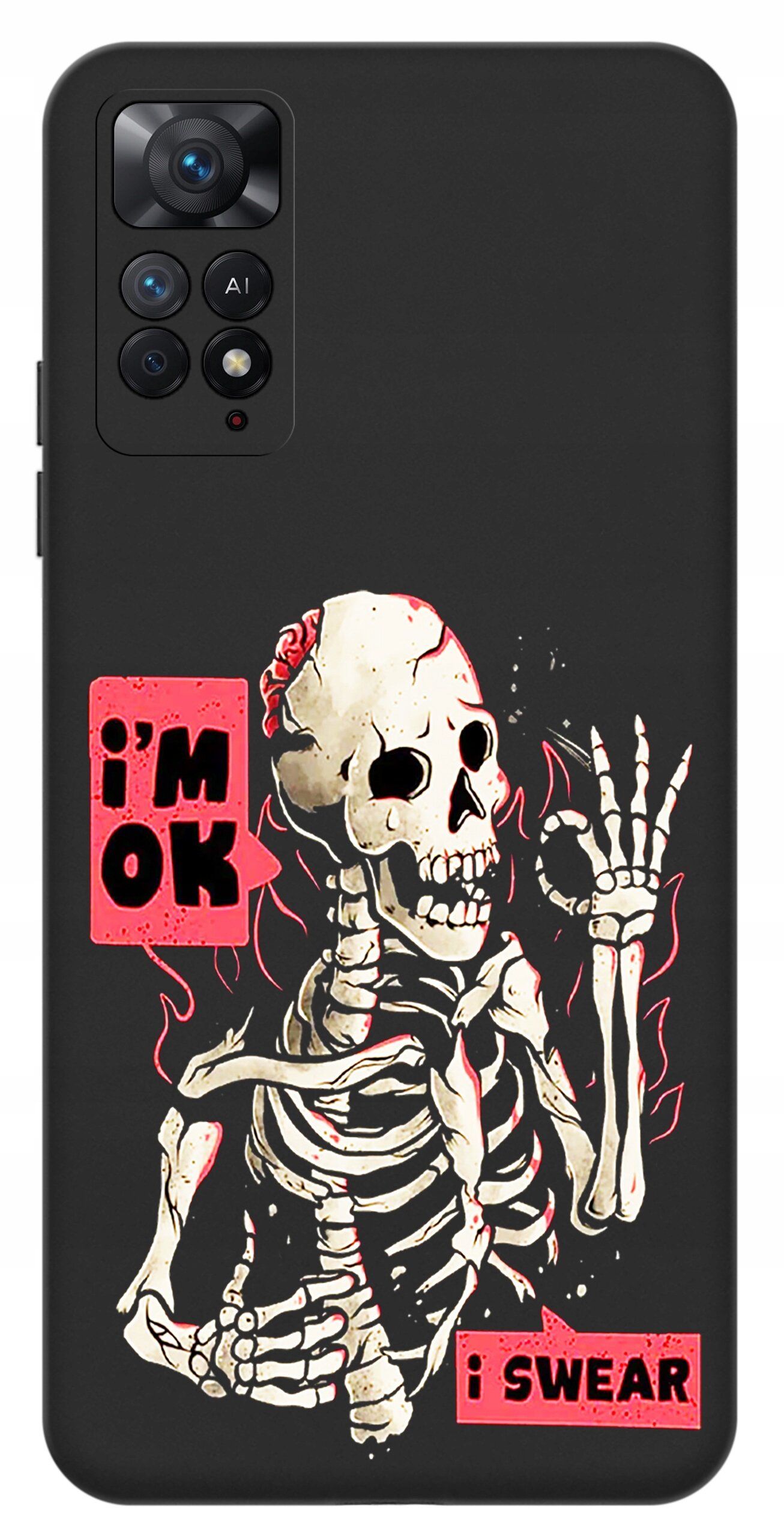 Czarne etui z nadrukiem szkieletu w otoczeniu czerwonych płomieni, z napisami \'i\'m OK\' oraz \'i SWEAR\'.
