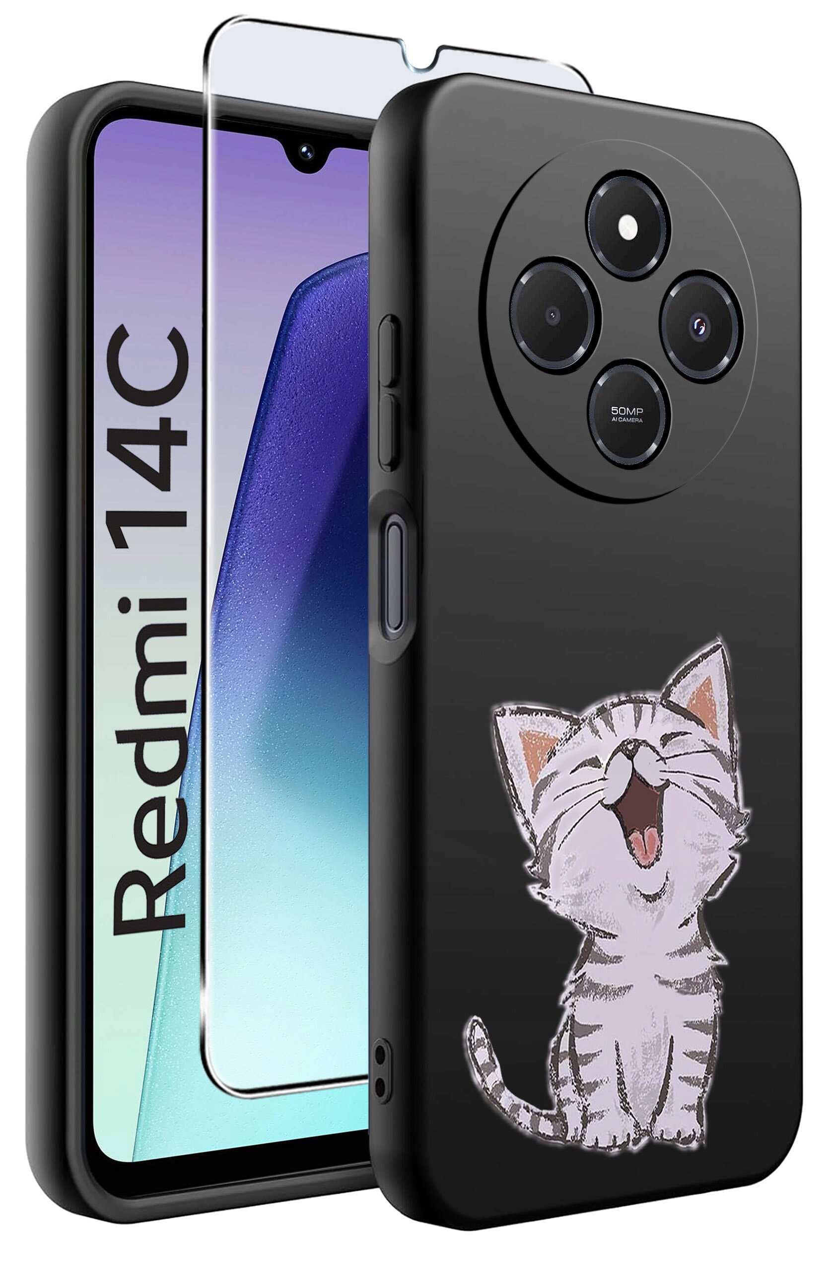 Obraz przedstawia czarne etui na telefon z nadrukiem uśmiechniętego kota oraz szkło ochronne. Obok widoczny jest telefon z napisem \'Redmi 14C\'.