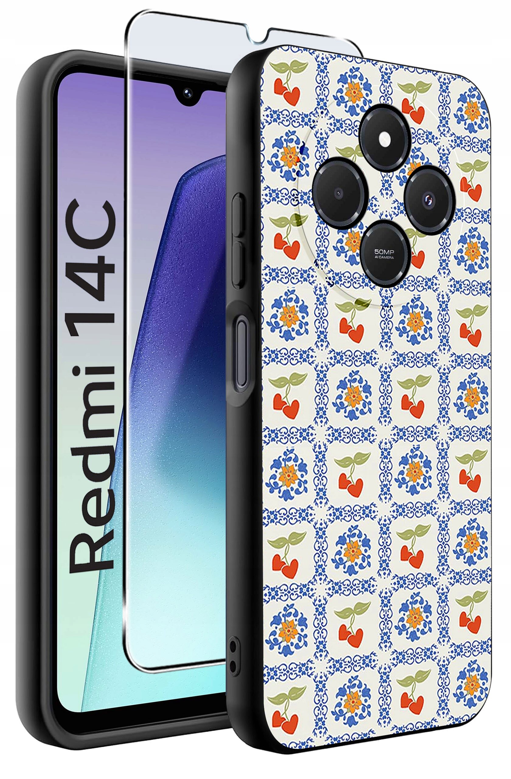 Obraz przedstawia etui na telefon z wzorem w kwiaty i owoce oraz szkło ochronne. Na ekranie telefonu widoczny jest napis \'Redmi 14C\'.