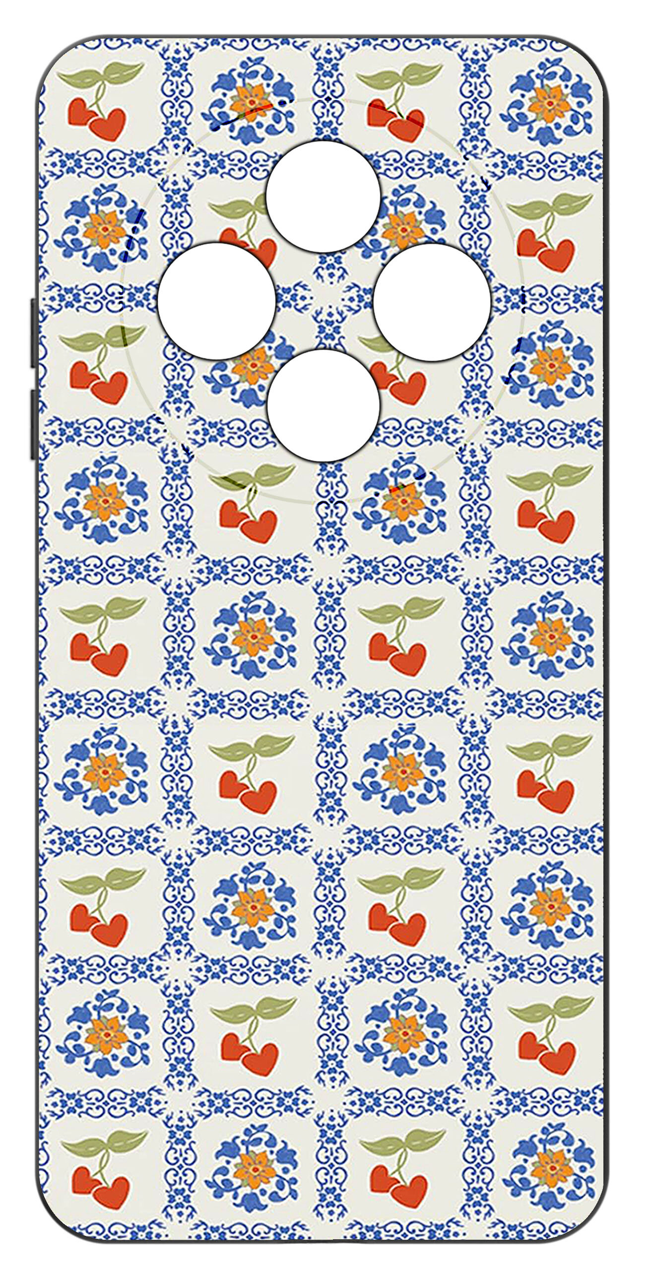 Etui na telefon z wzorem w kratkę, zawierającym niebieskie kwiaty i czerwone serca z zielonymi liśćmi. Etui ma cztery okrągłe wycięcia na aparaty.