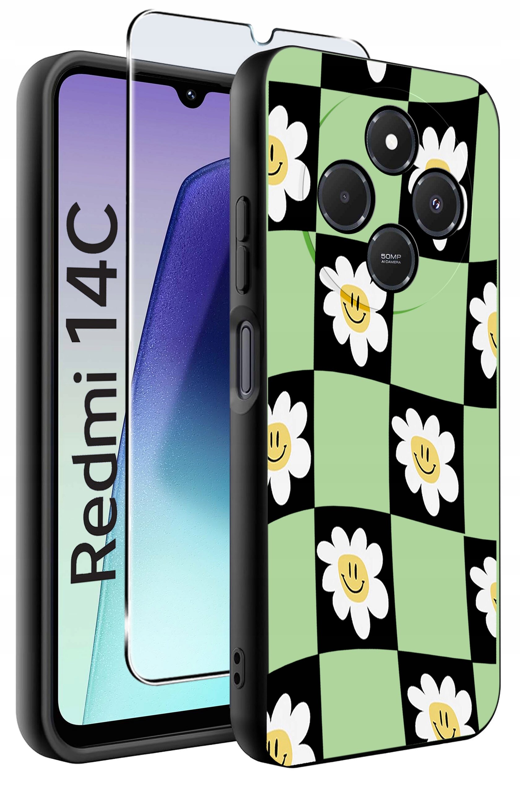 Obraz przedstawia etui na telefon z wzorem w biało-żółte kwiaty na zielono-czarnym tle oraz szkło ochronne. Obok widoczny jest telefon z napisem \'Redmi 14C\'.